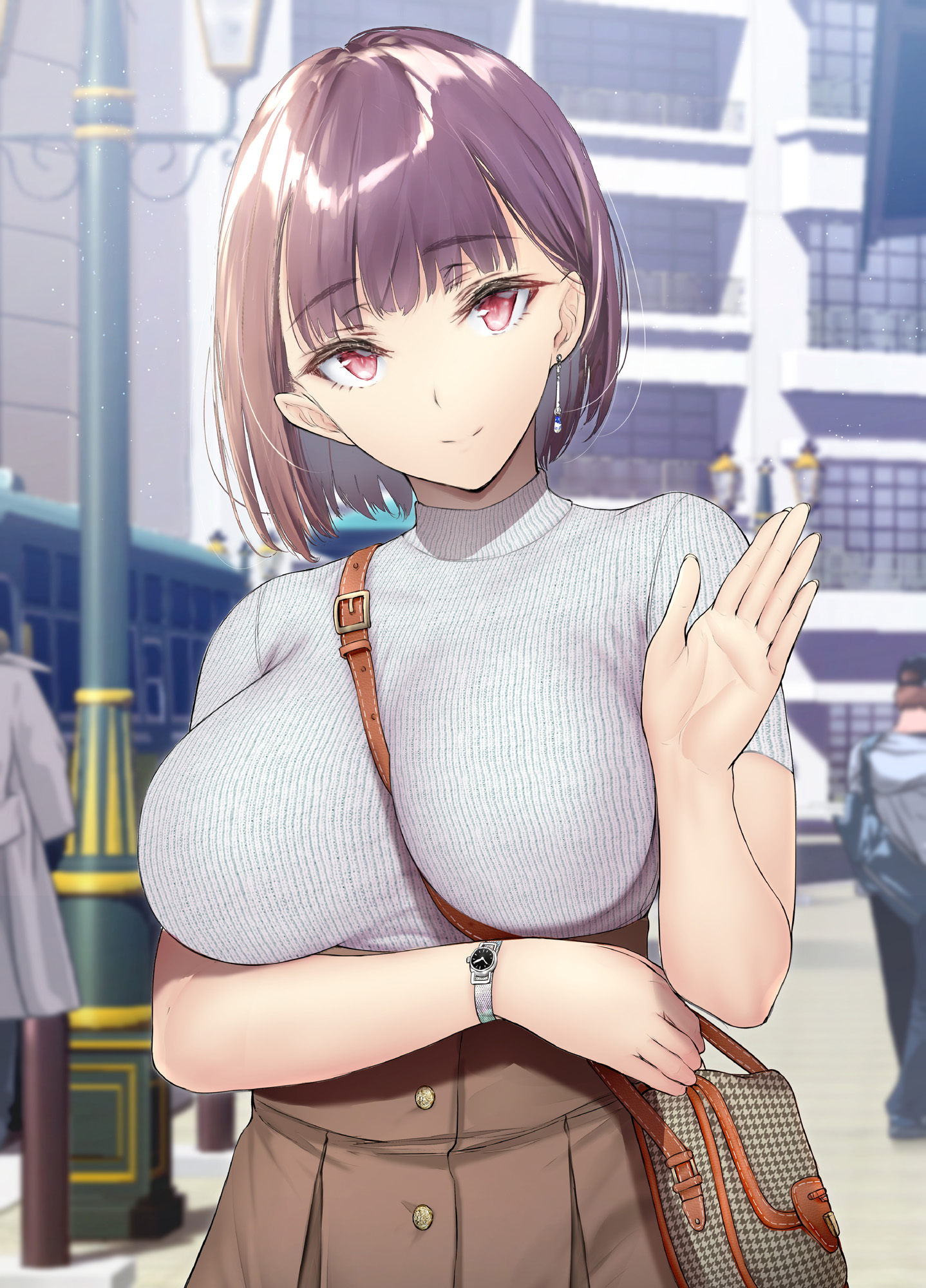 1girls, bag, blurry background, breasts, brown eyes, brown hair, depth of field, female, female focus, gentsuki, hand up, handbag, high-waist skirt, highres, large breasts, light smile, looking at viewer, original, outdoors, pink eyes, short hair, skirt, smile, solo, watch, wristwatch