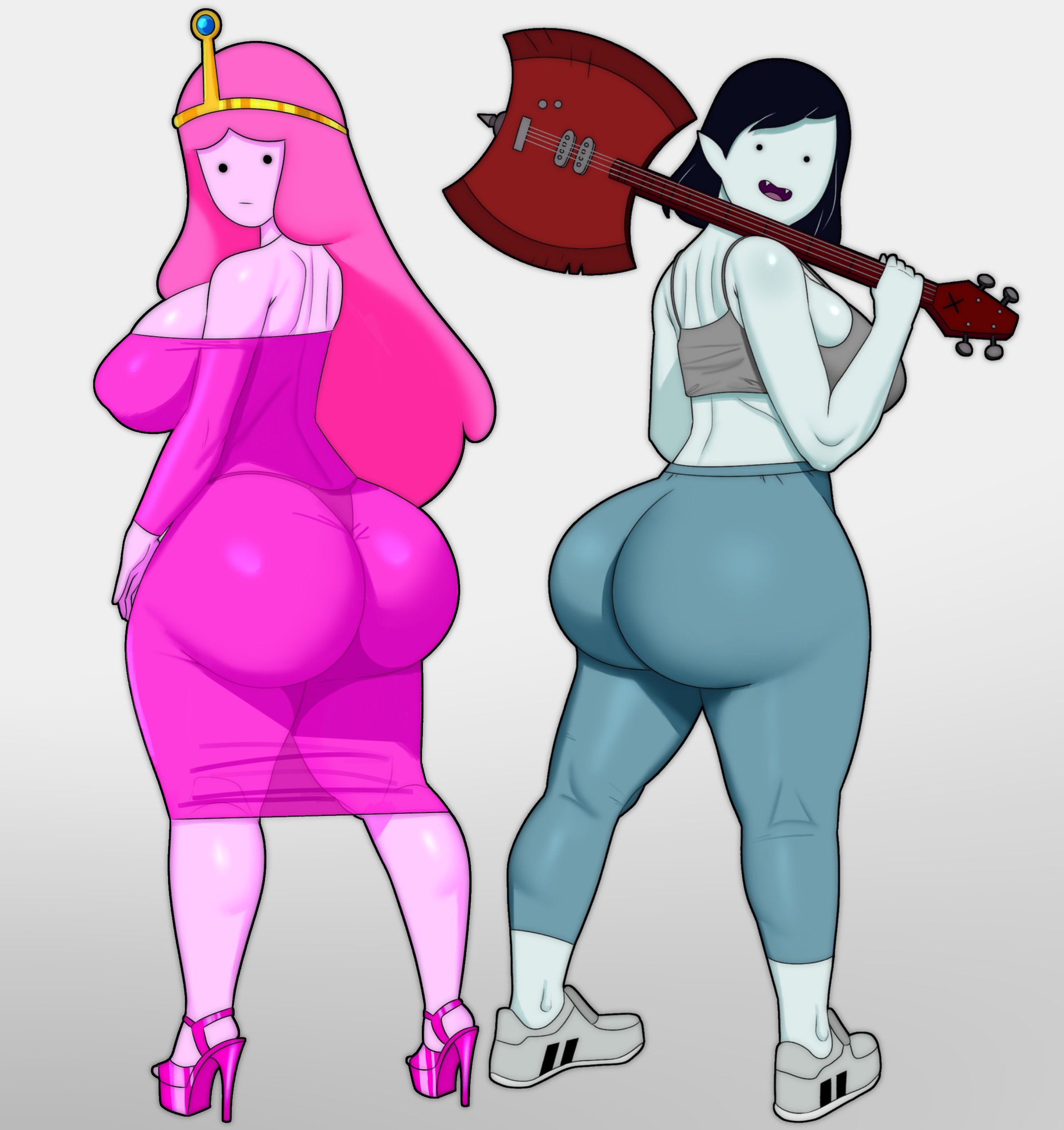 1girls, adventure time, ass, ass in dress, axe, bare shoulders, big ass, big butt, black hair, breasts, bubble ass, bubble butt, cartoon network, cleavage, clothed, clothing, coldarsenal, fat ass, female, female only, grey background, guitar, large ass, looking at viewer, looking back, marceline, mob face, open mouth, open smile, panties, pants, pink eyes, pink hair, pink panties, pink skin, princess bubblegum, shoes, short hair, simple background, smile, solo, solo female, voluptuous, wide hips