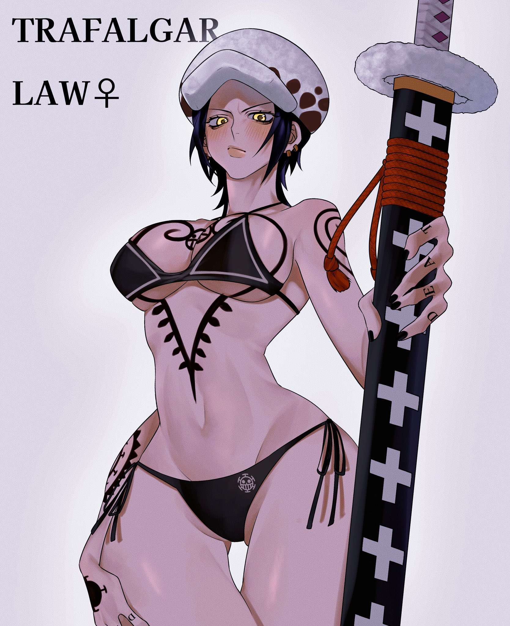 big breasts, bikini, black bikini, black hair, breasts, canon genderswap, character name, chest tattoo, english text, female, female only, genderswap, genderswap (mtf), hat, headwear, katana, looking at viewer, one piece, rule 63, short hair, shounen jump, siokosho kinoko, solo, swimsuit, sword, tattoo, tattoos, text, thigh gap, trafalgar law, trafalgar law (female), underboob, wide hips, yellow eyes