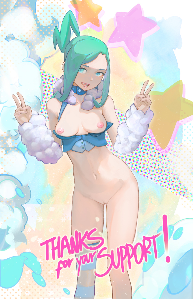 1girls 2022 celebration curvy_body curvy_female curvy_figure erect_nipples female female_only green_hair highres lisia_(pokemon) looking_at_viewer nipple_bulge peace_sign pink_nipples pokemon pokemon_oras ponytail shaved_pussy solo solo_female tagme yugen99