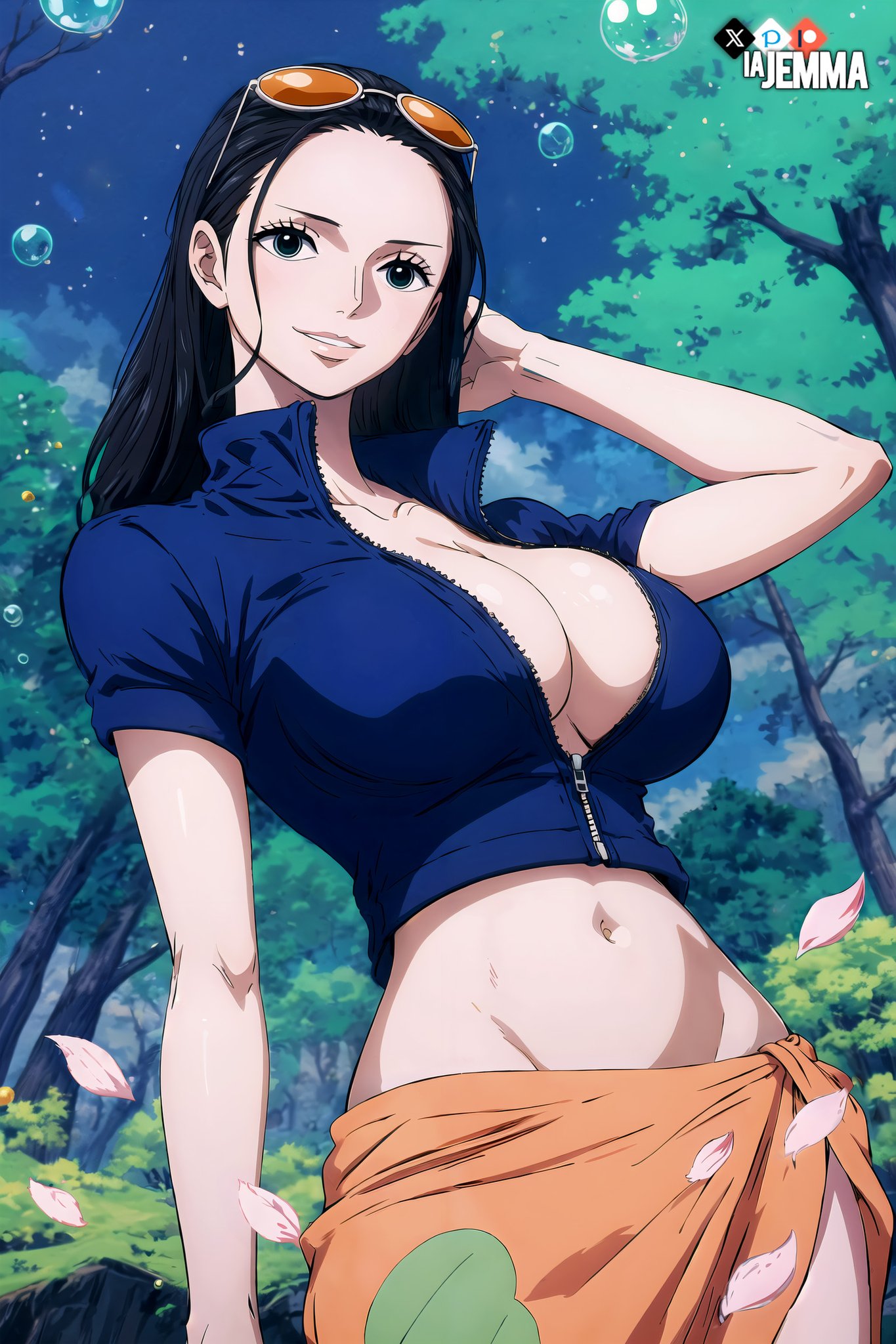1girls, ai generated, bare arms, big breasts, black hair, black-haired female, blue eyes, breasts, clothed, clothing, color, female, female focus, female only, hi res, jemmasoria, large breasts, light skin, light-skinned female, long hair, nico robin, no bra, no panties, one piece, shounen jump, solo, solo female, sunglasses, tagme, thick thighs