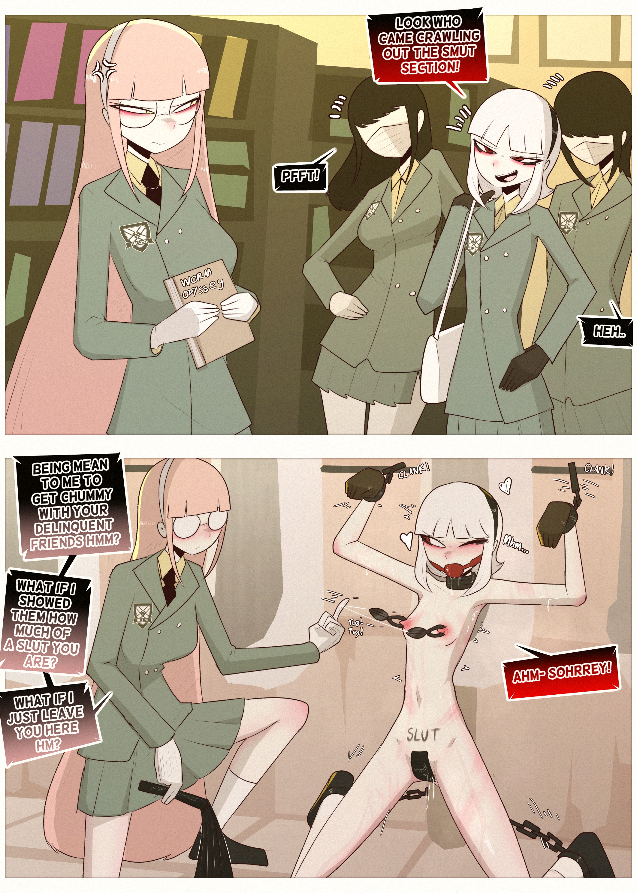 2025, 2d, 4girls, arms up, ball gag, bathroom, bdsm, bdsm gear, before and after, blush, blushing, blushing female, body writing, bondage, bondage gear, bound legs, breasts apart, bullying, chains, clothed, clothed female, clothing, color, comic, dialogue, dominant female, domination loss, elsimain, english, english dialogue, english text, female, female domination, female only, femdom, femsub, flogger, gag, gagged, gagged female, gagged speech, glasses, handcuffed, handcuffed to pole, handcuffs, hi res, human, human female, human only, instant loss 2koma, iori (elsimain), kneeling, lezdom, lezsub, light skin, light-skinned female, long hair, long-haired female, loss of control, maebari, mika (elsimain), mittens, nipple clamps, nipple stimulation, nipples, nude, nude female, open eyes, original, pale skin, pale-skinned female, pink hair, pink-haired female, public, public bondage, pussy juice, red ball gag, red eyes, red-eyed female, revenge, revenge on bully, school uniform, short hair, short-haired female, skinny, skinny female, slut, small breasts, smash cut, source, speech bubble, student, text, twitter link, urinal, whip, whip marks, white hair, white-haired female, yuri