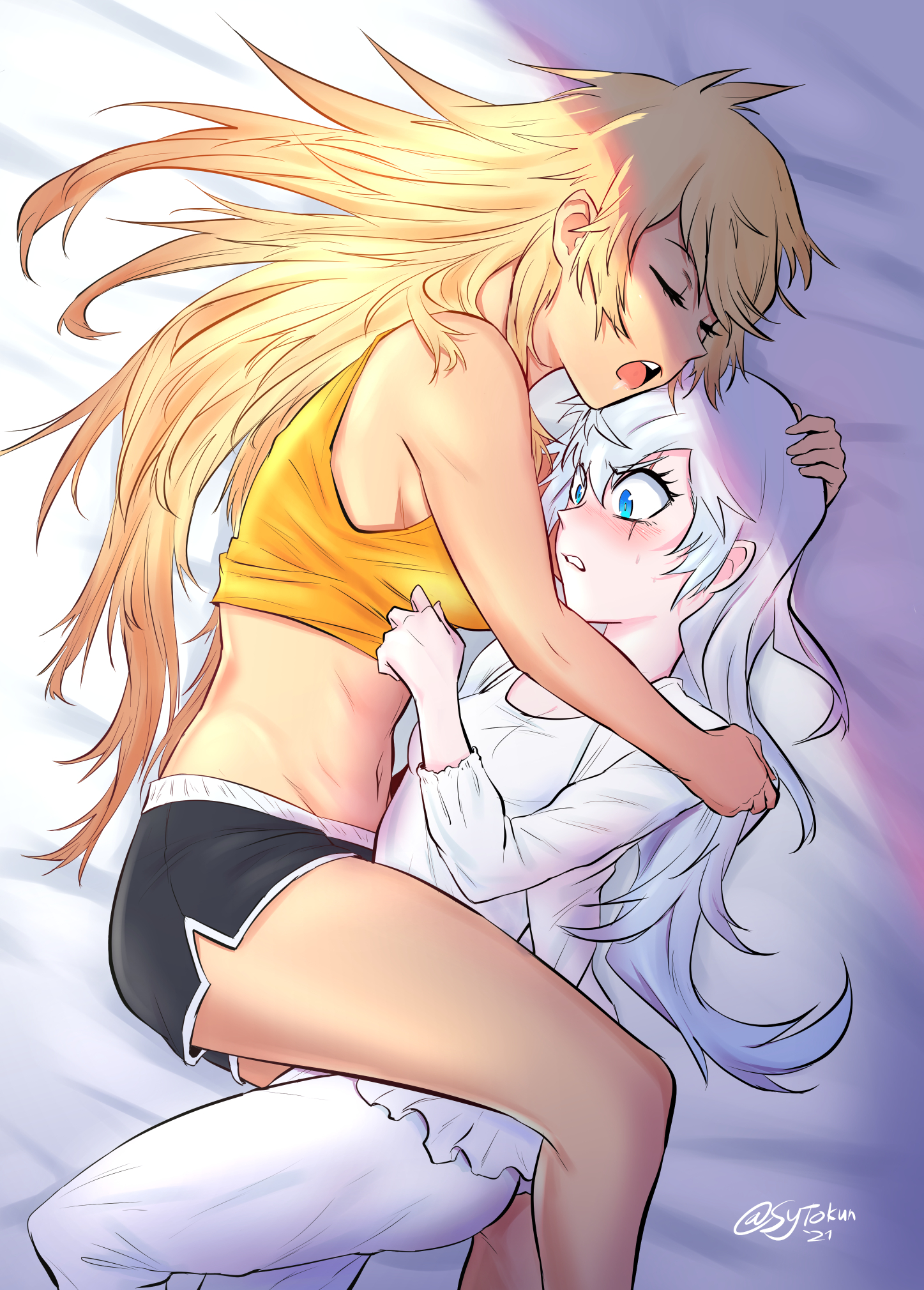 2girls, between legs, blonde hair, blue eyes, blush, clothed, cuddling, drooling, female, female only, hugging, multiple females, multiple girls, on bed, rwby, size difference, sleeping, sytokun, weiss schnee, white hair, wholesome, yang xiao long, yuri