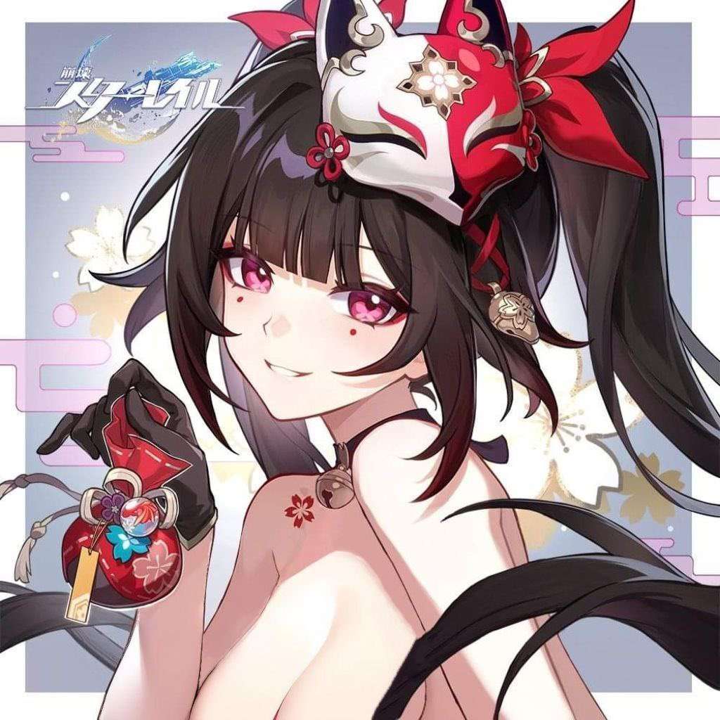 bare shoulders, bell, black choker, black gloves, black hair, blunt bangs, choker, criss-cross halter, dress, edit, edited, edited official artwork, eyeshadow, facial mark, female, fox mask, gloves, grin, halterneck, holding, honkai (series), honkai: star rail, long hair, looking at viewer, makeup, mask, mask on head, naked, neck bell, o-ring, purple eyes, red dress, smile, solo, sparkle (honkai: star rail), twintails, upper body, very long hair