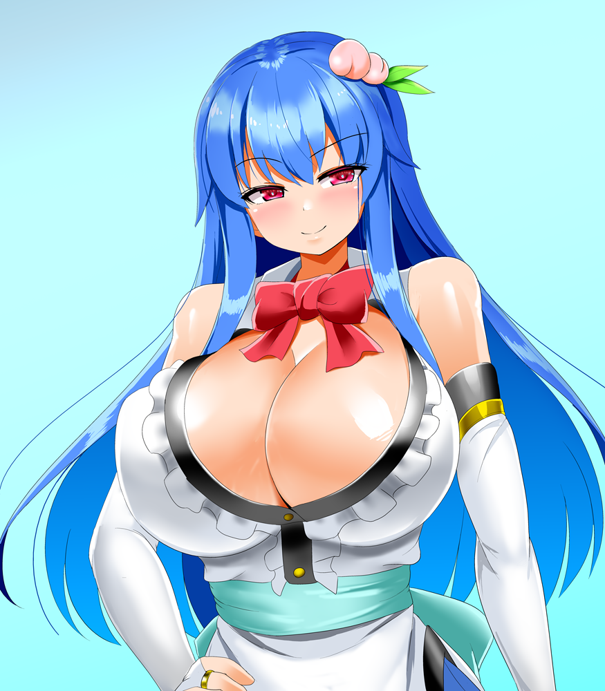 alternate_breast_size blue_hair bow breasts cleavage female food fruit hinanawi_tenshi honda_takaharu large_breasts long_hair neck_ribbon peach_(fruit) red_bow red_eyes ribbon shirt smug solo tenshi_hinanawi touhou white_shirt