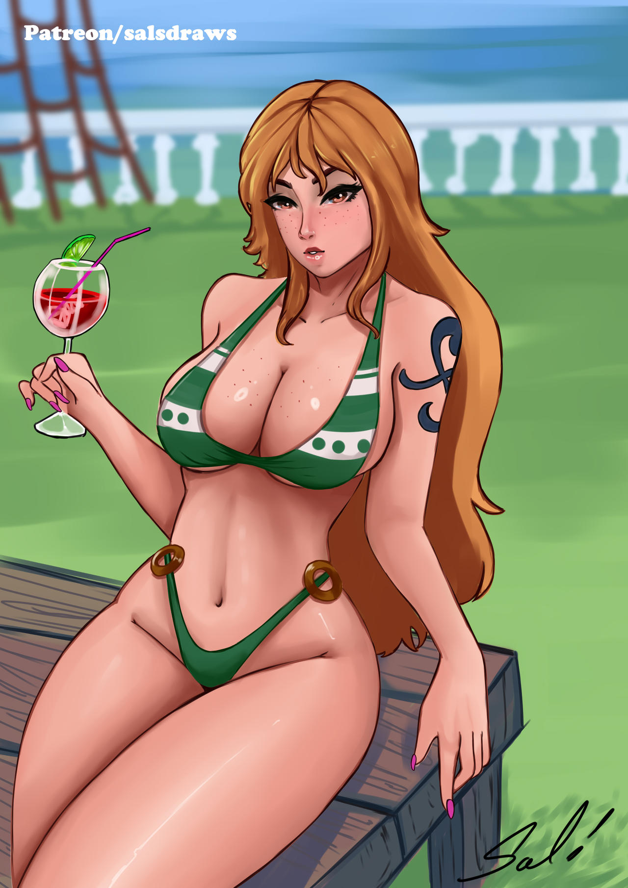 bikini bikini_bottom cleavage female female_only freckles huge_breasts long_hair nami no_pants one_piece orange_eyes orange_hair post-timeskip salsdraws striped_bikini tattoo thick_thighs voluptuous wine