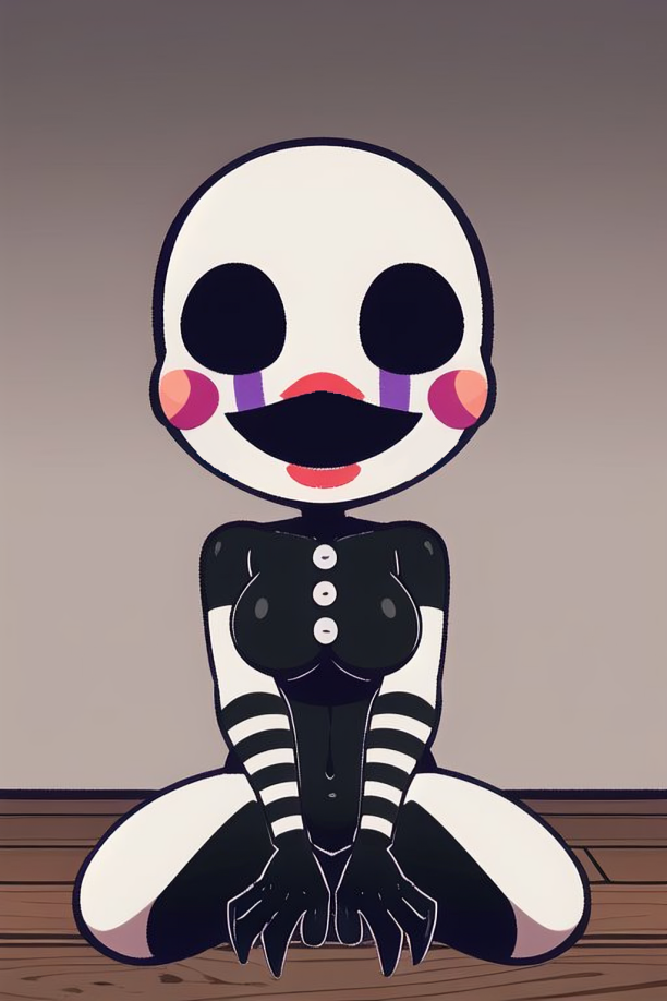 4_fingers ai_generated animatronic animatronic_female buttons classic_fnaf_2_marionette classic_fnaf_2_puppet five_nights_at_freddy's five_nights_at_freddy's_2 indoors looking_at_viewer marionette_(fnaf) masked masked_female on_floor on_knees original_fnaf_2_marionette original_fnaf_2_puppet pixai puppet_(fnaf) small_breasts striped_armwear thick_thighs ultimate_custom_night wooden_floor