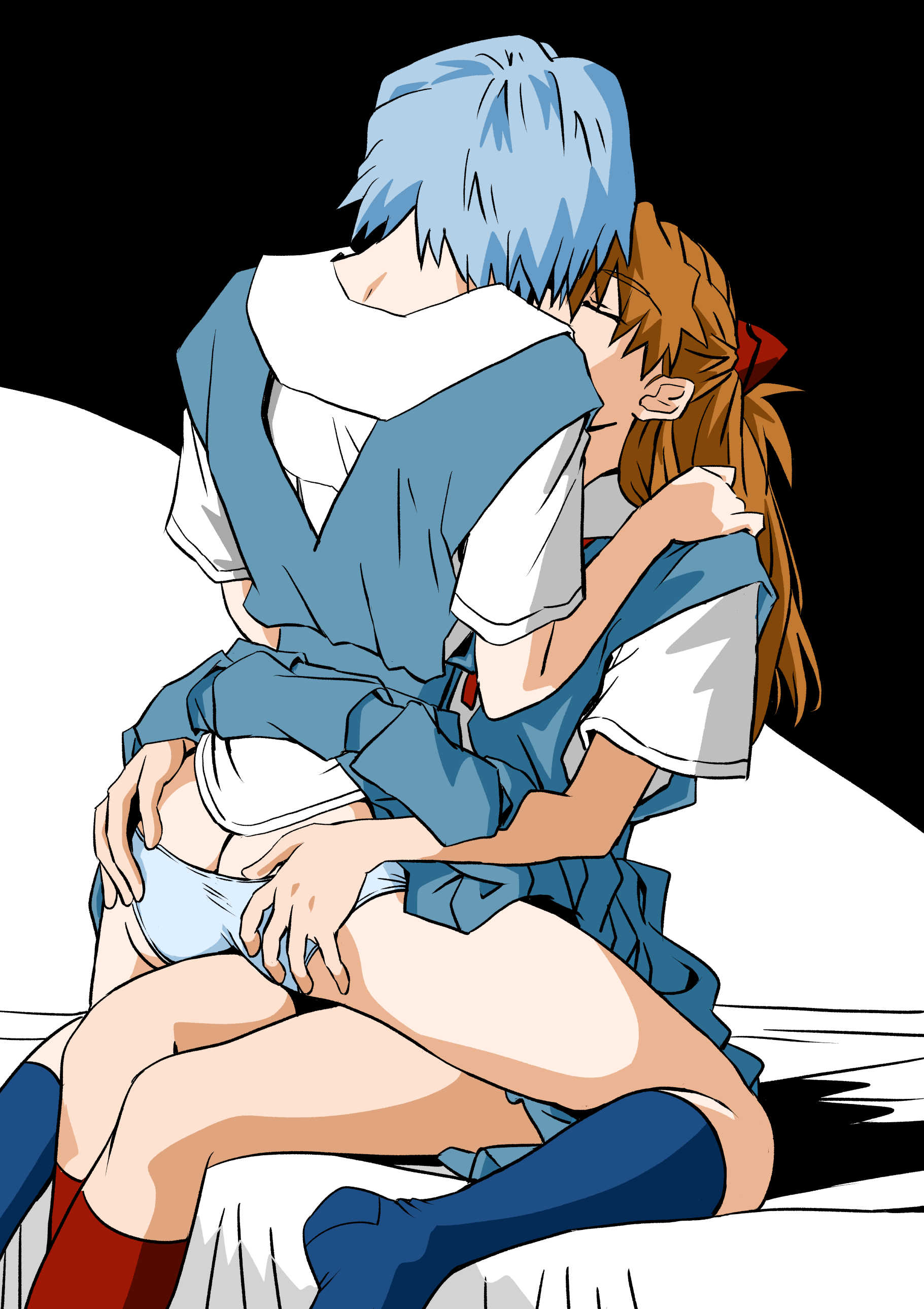 2girls, ass, ass crack, ass grab, asuka langley sohryu, bare legs, bare thighs, blue hair, butt crack, butt grab, cowgirl position, embrace, eyes closed, feet, female, grabbing ass, hugging, kissing, kneeling, long hair, neon genesis evangelion, on top, panties, panties down, panties removed, red hair, rei ayanami, school uniform, schoolgirl, schoolgirl uniform, short hair, skirt, skirt lift, skirt removed, skirt up, socks, spread legs, teenager, yuri, yuutaku1618