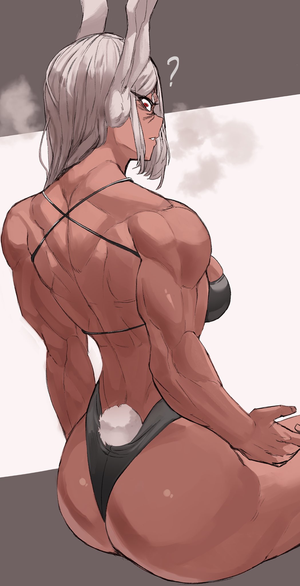 1girls ? animal_ears back bunny_ears bunny_tail hi_res looking_at_viewer miruko muscular muscular_back muscular_female my_hero_academia one-piece_swimsuit parted_lips red_eyes rumi_usagiyama simple_background sitting solo soolee040995 swimsuit tail white_hair