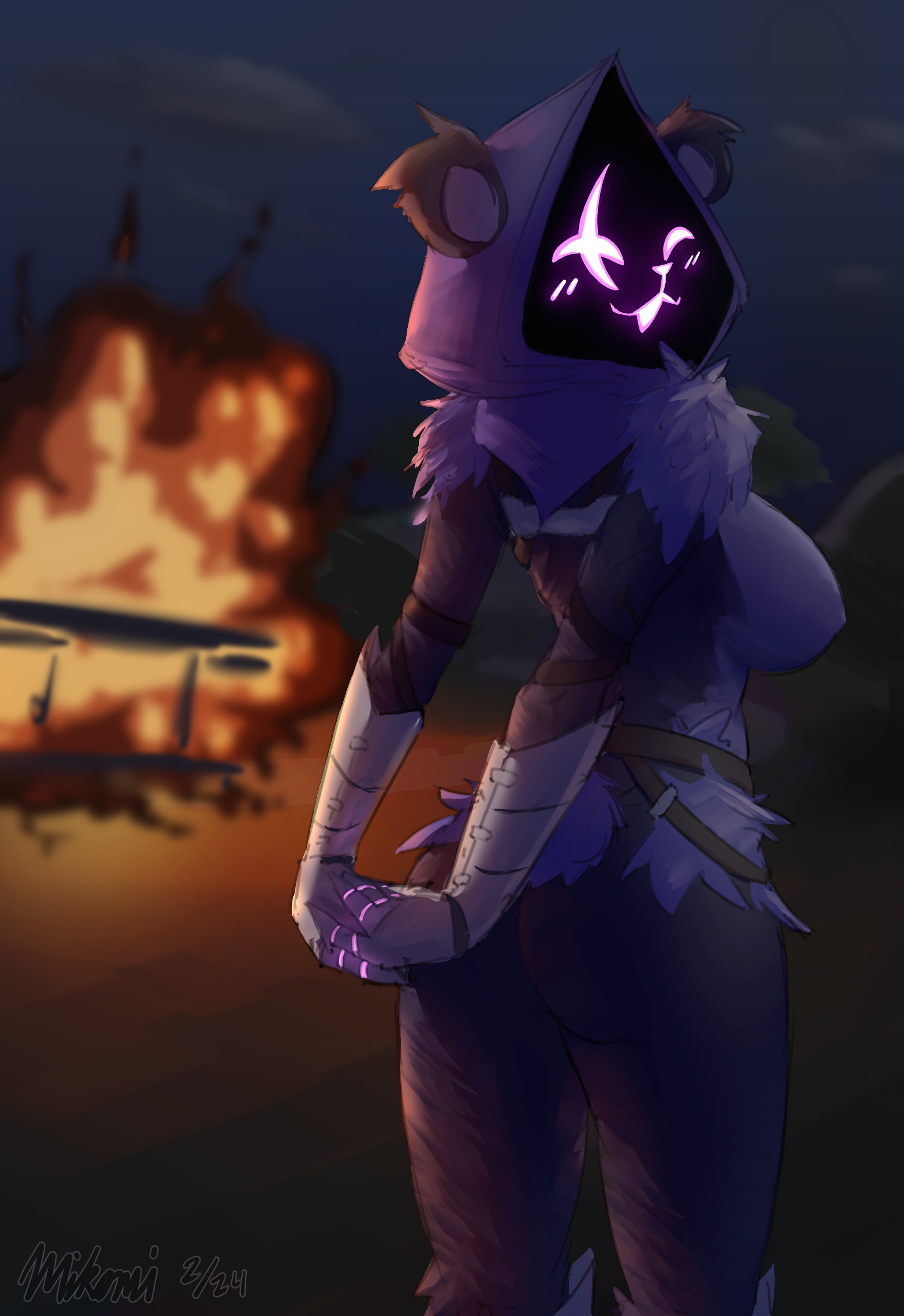 ass, bear, bear girl, big ass, big breasts, breasts, bubble ass, bubble butt, explosion, female, fortnite, glowing eyes, hands behind back, huge ass, mikonni, purple fur, raven team leader, smile, thick thighs, wide hips
