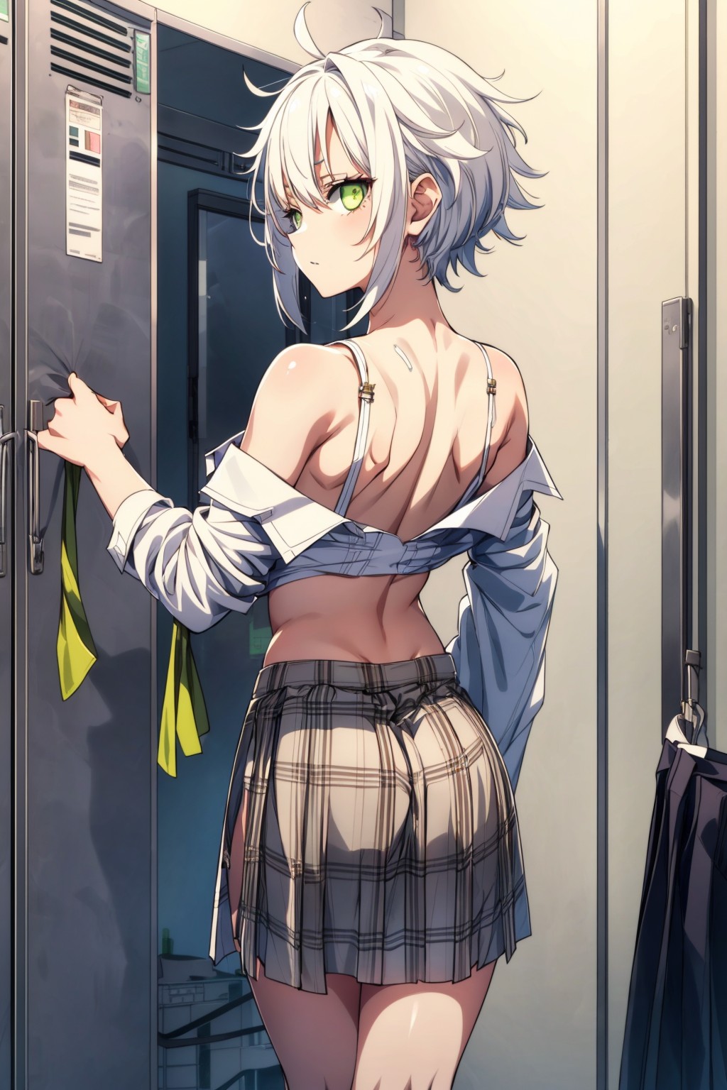 1girls ai_generated blush bra eiyuu_densetsu fie_claussell green_eyes locker locker_room lockers school_girl school_uniform schoolgirl sen_no_kiseki short_hair skirt small_breasts trails_of_cold_steel undressed undressing undressing_self white_hair