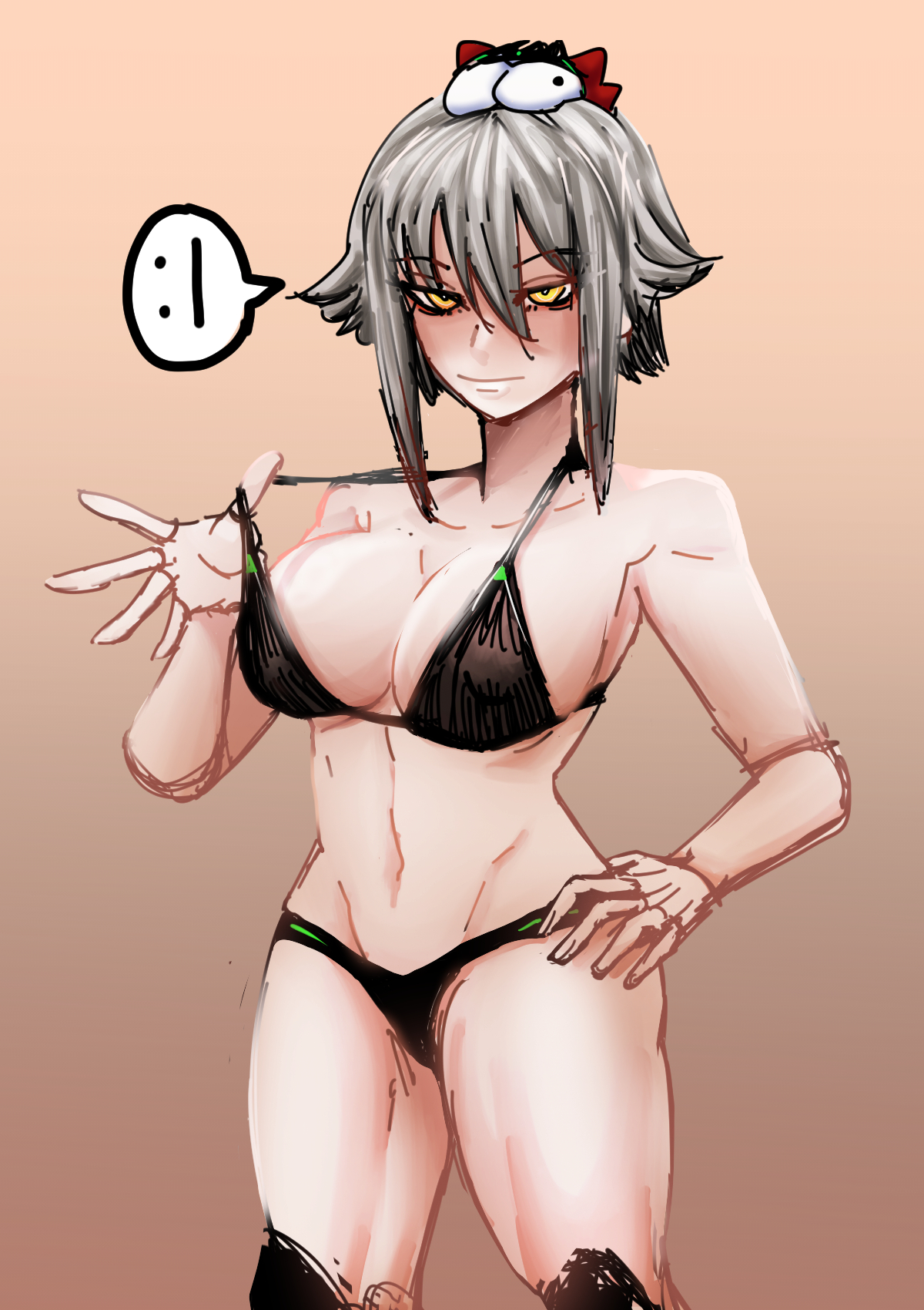1girls, big breasts, bikini, black bikini, bra, breasts, cybernetics, female, female only, light skin, light-skinned female, looking at viewer, pale skin, pale-skinned female, panties, silver hair, virtual youtuber, vshojo, wokka, yellow eyes, zentreya, zentreya (cyborg)