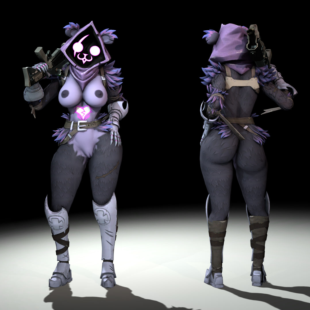 2024 3d 3d_(artwork) anthro ass bear breasts clothed clothing detailed digital_media_(artwork) epic_games eye_contact female fortnite front_view genitals gun looking_at_another looking_at_viewer mammal narayan nipples partially_clothed portrait preview pussy ranged_weapon raven_team_leader rear_view shotgun simple_background solo standing weapon