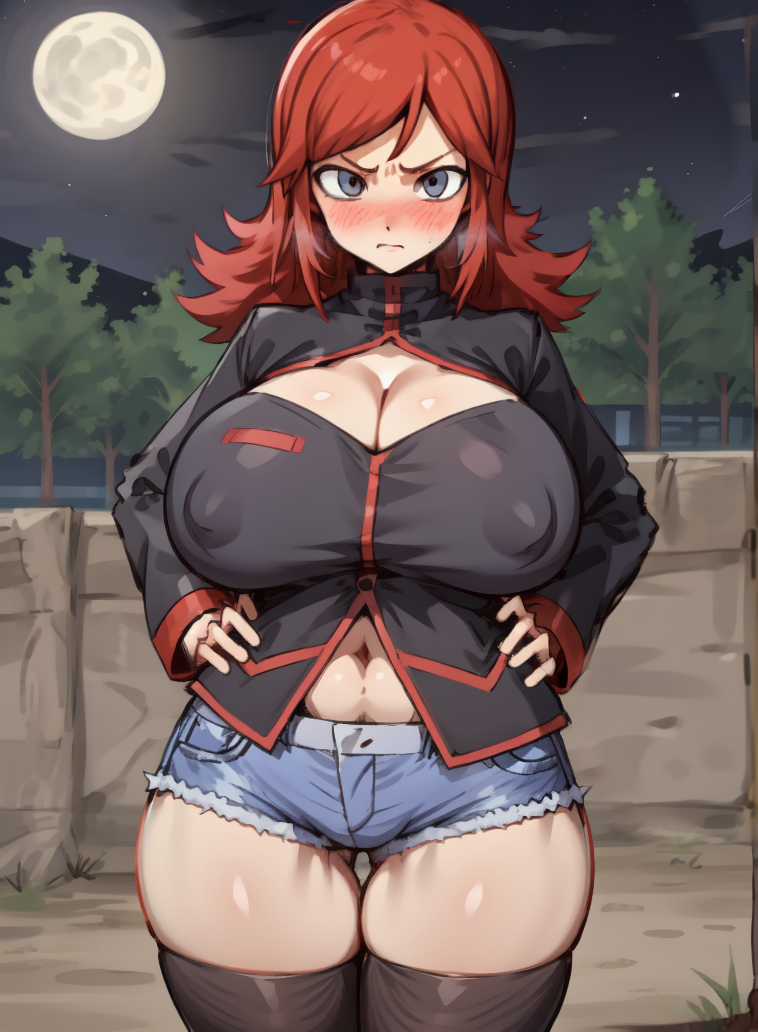 1girls, ai generated, big breasts, blush, breasts, cleavage, cleavage cutout, covered erect nipples, creamballz, curvy, curvy female, female, game freak, genderswap, genderswap (mtf), hands on hips, hourglass figure, huge breasts, human, jacket, large breasts, long hair, long sleeves, looking at viewer, moon, navel, night, nintendo, park, pokemon, pokemon gsc, red hair, rule 63, shorts, silver (pokemon), silver eyes, sky, solo, standing, thick thighs, thighhighs, thighs, tree, tsundere, wall, wide hips