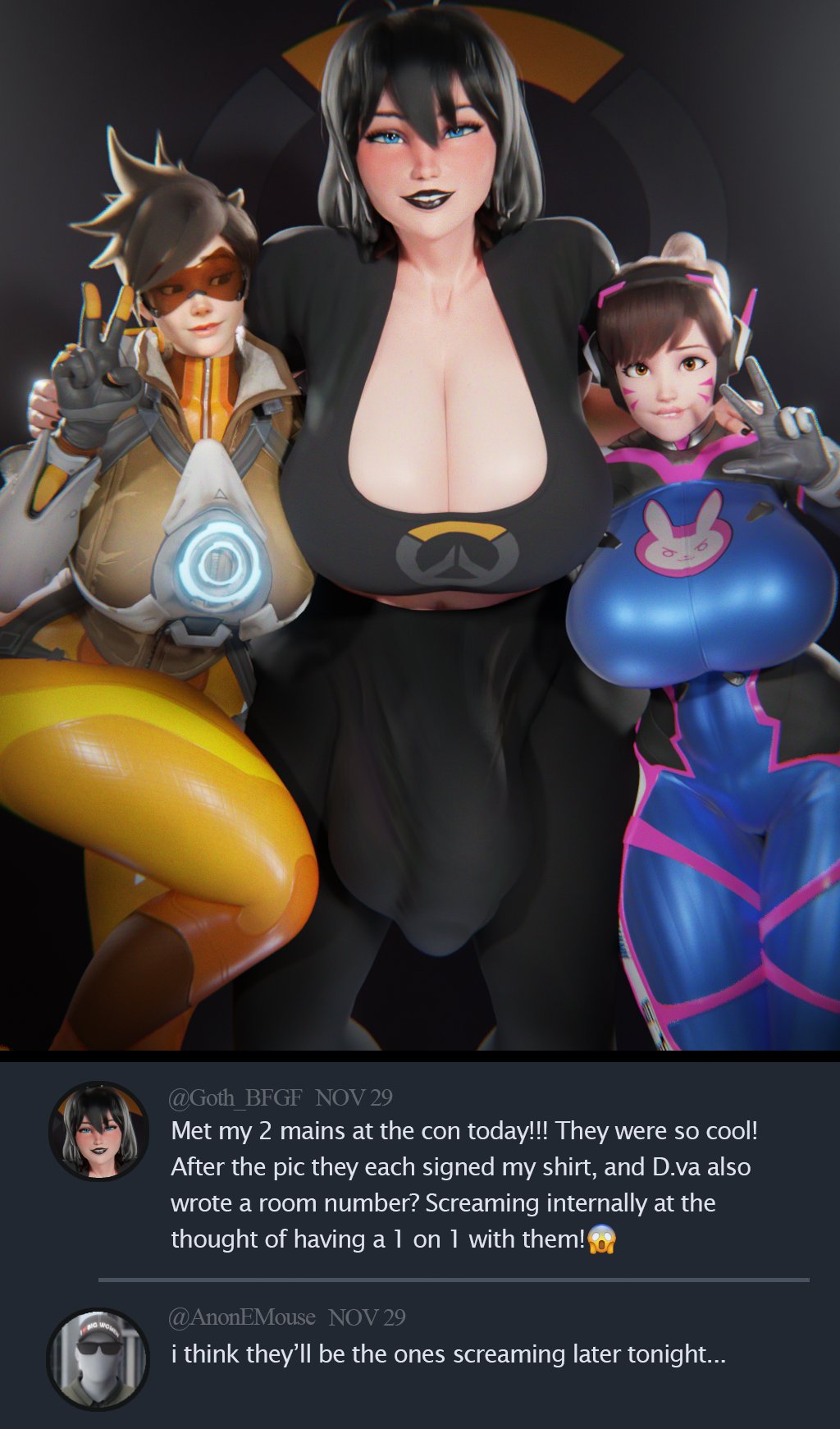 1futa 2girls bodysuit cleavage d.va huge_breasts mavis_dracula overwatch peace_sign skintight tracer