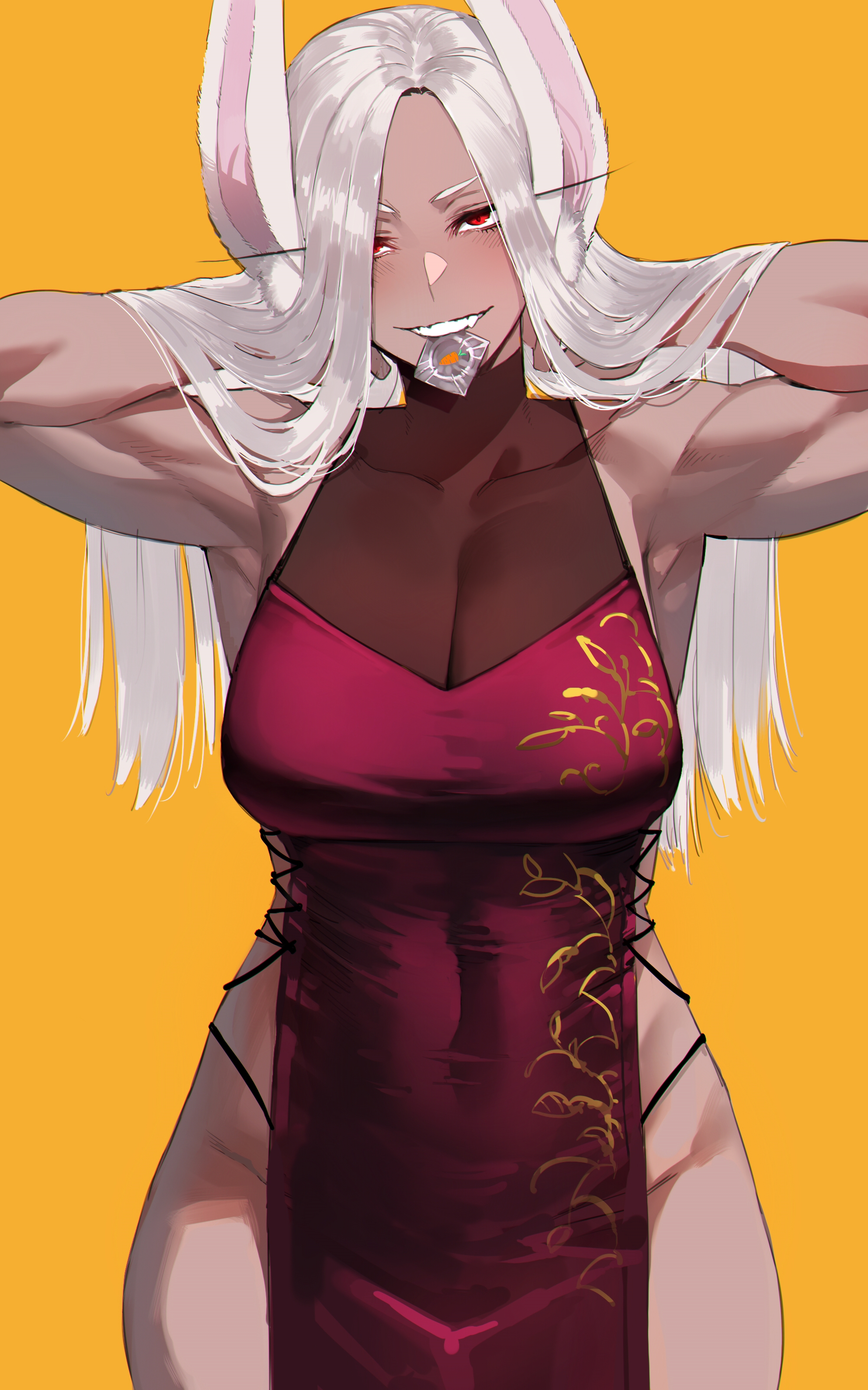 1girls, armpits, arms behind head, breasts, bunny ears, chinese clothes, cleavage, condom, condom wrapper, dark skin, dark-skinned female, dress, female, large breasts, looking at viewer, miruko, muscular, muscular female, my hero academia, ratatatat74, rumi usagiyama, solo, solo female, white hair, white-haired female