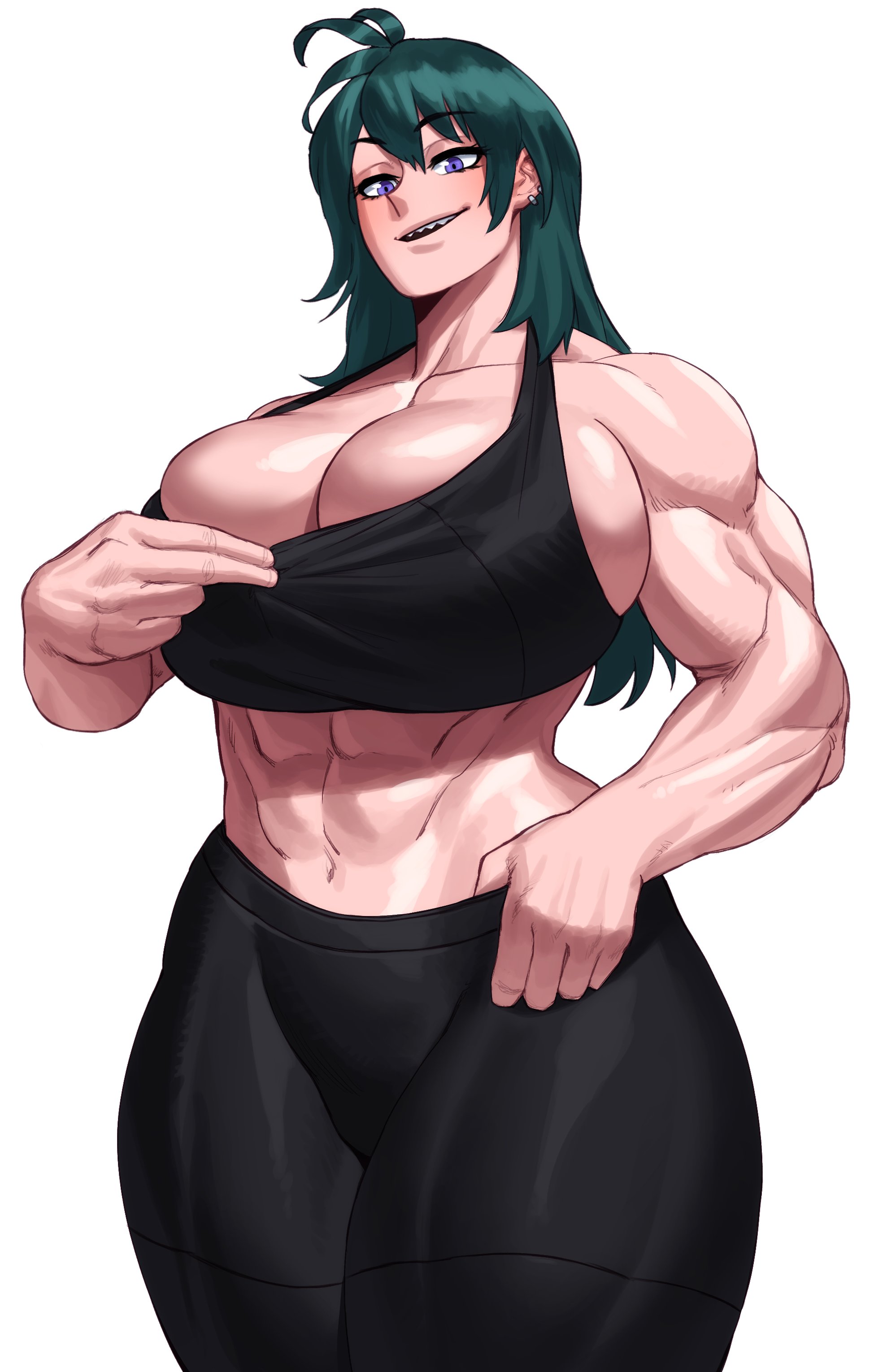 1girls, 2024, abs, adjusting clothes, bangs, belly button, biceps, big breasts, bottomwear, breasts, busty, character request, cleavage, cleavage overflow, clothed, clothed female, clothes, clothing, curvaceous, curvy, ear piercing, eyelashes, female, front view, fully clothed, green hair, hair, hand on waist, hi res, huge breasts, human, large breasts, leggings, legs together, light skin, light-skinned female, long hair, looking at viewer, midriff, muscular, muscular arms, muscular female, muscular legs, muscular thighs, navel, open mouth, pants, piercing, presenting, presenting breasts, purple eyes, sharp teeth, shirt, simple background, skindentation, smile, smiling, smiling at viewer, smirk, solo, sotcho, sports bra, standing, stomach, tank top, teeth, thick thighs, thighs, three-quarter portrait, topwear, voluptuous, white background, wide hips