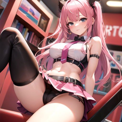 1girls ai_generated belt black_panties blue_grey_eyes cat_ears female female library looking_at_viewer medium_breasts pink_hair skirt