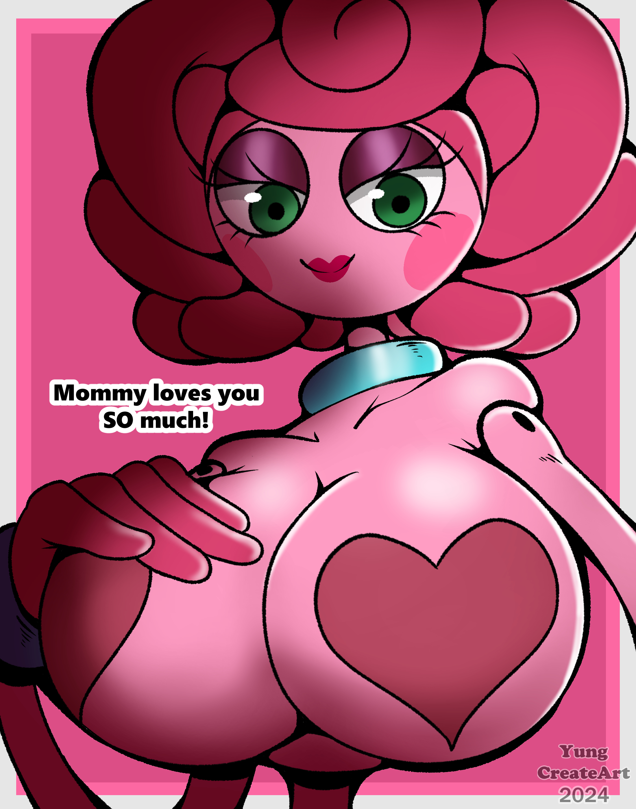 big breasts, breasts, female, green eyes, milf, mommy long legs, pink body, pink hair, poppy playtime, solo, stretchy body, yungcreateart