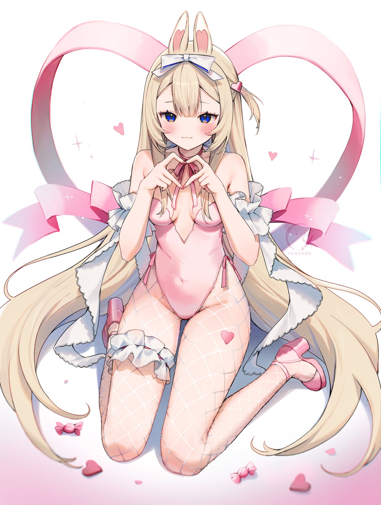 1girl alternate_costume animal_ears bangs bare_shoulders blonde_hair blue_eyes blush breasts bunny_ears bunny_girl bunnysuit cleavage closed_mouth covered_navel eyebrows_visible_through_hair female_only fishnet_legwear fishnets full_body hair_ornament hair_ribbon hairband heart heart_hands high_heels kneeling leg_garter leotard long_hair looking_at_viewer medium_breasts pantyhose pink_bow pink_footwear pink_leotard pink_ribbon ribbon shadow shoes small_breasts smile solo sparkle strapless suomi_kp31_(girls_frontline) thigh_strap thighhighs very_long_hair virtual_youtuber vyugen yenko yenkoes