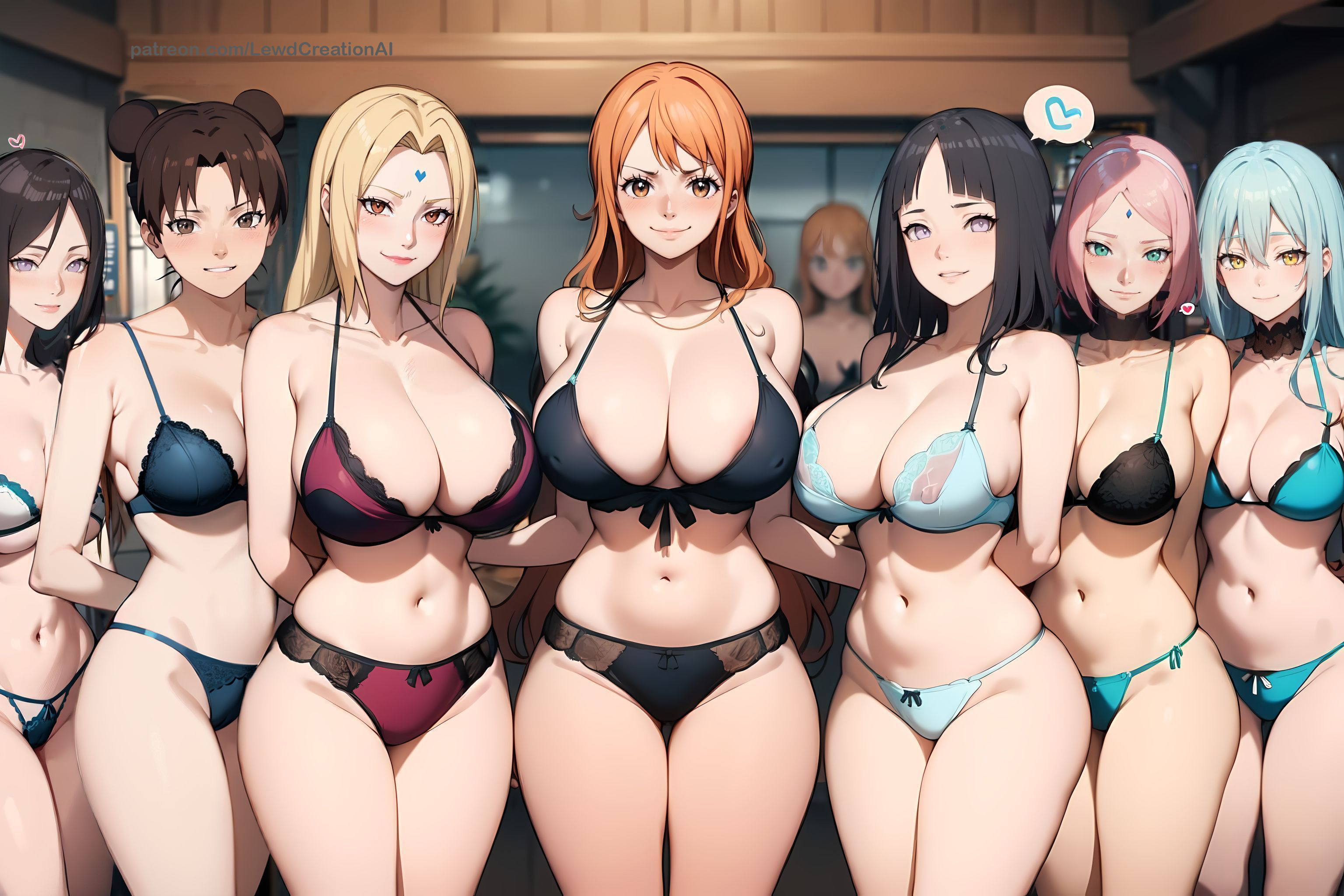 7girls, ai generated, ass, big breasts, black hair, blonde female, blonde hair, blonde-haired female, blue hair, blush, blush lines, blushing at viewer, boruto: naruto next generations, bra, breast squeeze, breasts, breasts out, cameltoe, choker, crossover, curvy, curvy figure, female, female only, forehead gem, forehead jewel, forehead mark, golden eyes, green eyes, hands behind back, haruno sakura, huge breasts, hyuuga hanabi, hyuuga hinata, hyuuga hinata (naruto: the last), indoors, large breasts, lewdcreationsai, lingerie, looking at viewer, multiple females, multiple girls, nami (one piece), naruto, naruto (series), naruto shippuden, naruto: the last, navel, one piece, orange eyes, orange hair, panties, pink hair, pussy, rimuru tempest, sakura haruno, smile, smirk, smirking, tagme, tensei shitara slime datta ken, tenten, thick, thick ass, thick legs, thick thighs, thighs, tsunade, underwear, white eyes, yellow eyes