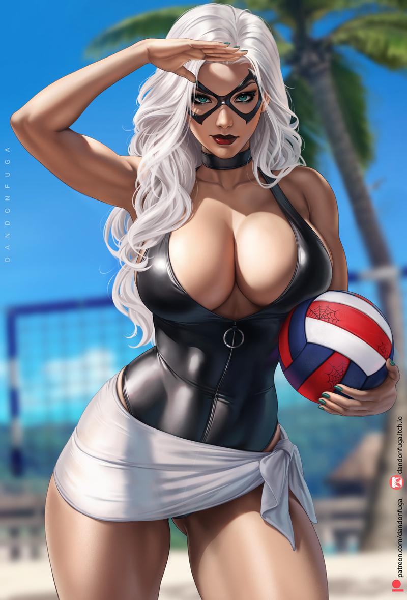 1girls beach beach_ball black_cat_(marvel) black_choker black_swimsuit breasts choker dandon_fuga felicia_hardy female female_only green_nails large_breasts light-skinned_female light_skin looking_at_viewer marvel marvel_comics massive_breasts palm_tree red_lipstick spider-man_(series) summer thick_thighs thighs volleyball white_hair