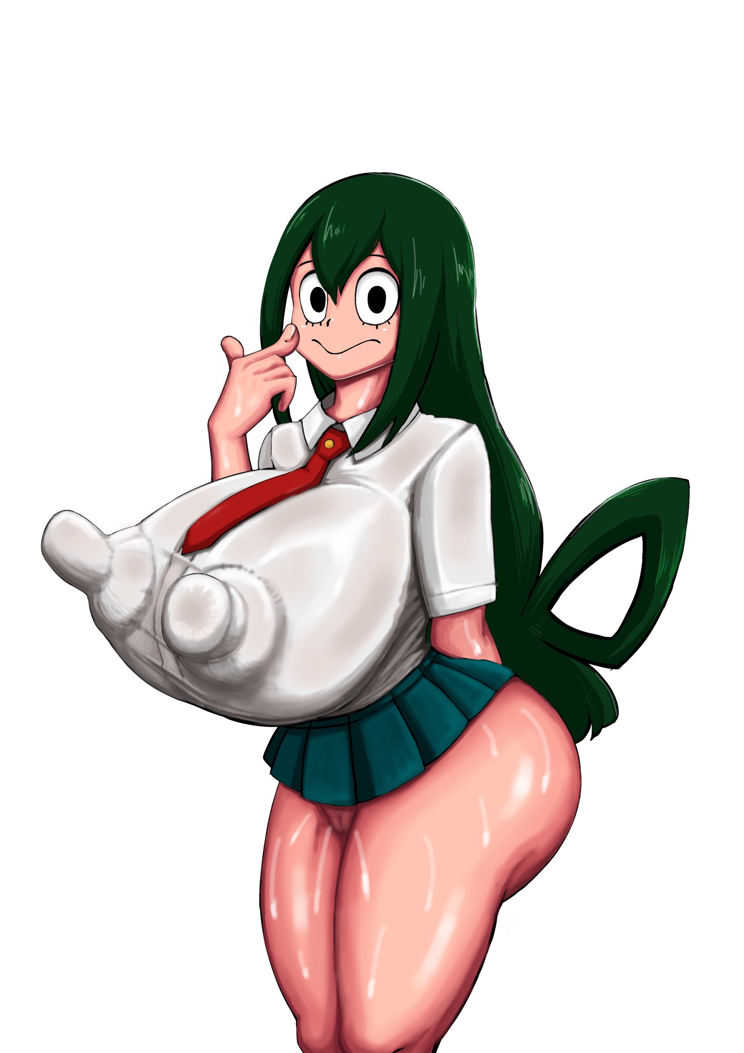 1girls, ass hanging out, ass hanging out of skirt, big breasts, breasts, breasts bigger than head, egurehonemie, female, green hair, hinanyouakaun, huge breasts, microskirt, my hero academia, nipple bulge, nipple outline, pussy, school uniform, skirt, solo, teenager, tsuyu asui