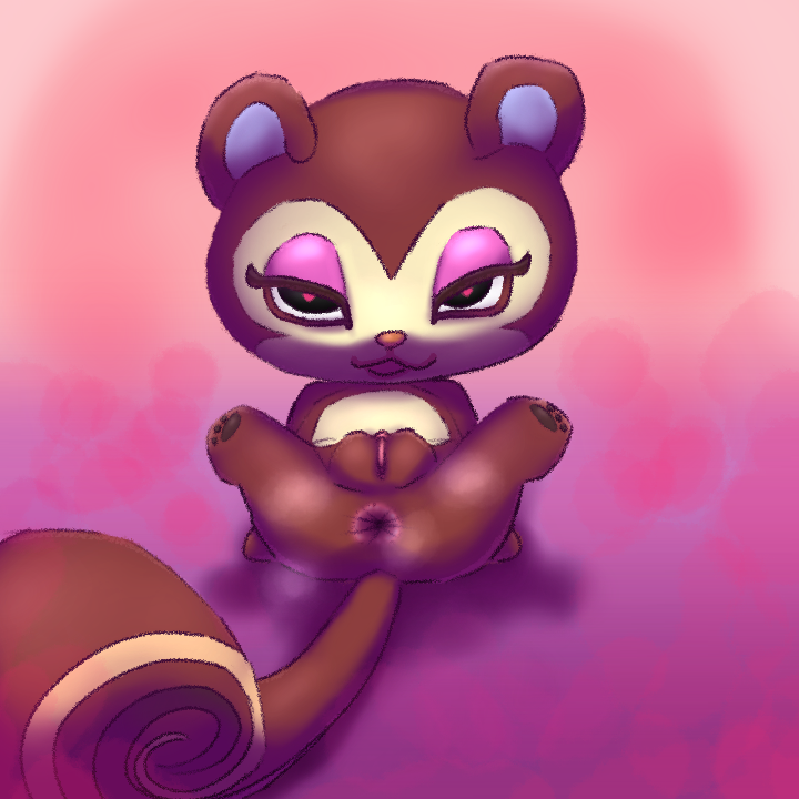 <3_eyes :3 abstract_background animal_crossing anthro anus ass bedroom_eyes chibi colored female genitals heart looking_at_viewer makeup mammal narrowed_eyes nintendo pecan_(animal_crossing) pink_background presenting presenting_anus presenting_hindquarters pussy rodent sciurid seductive simple_background simski solo spread_legs spreading tree_squirrel