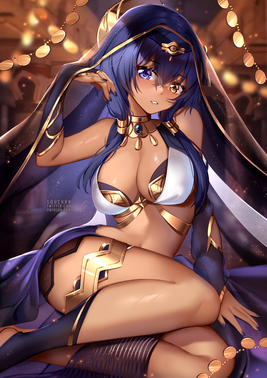 1girls, 2022, breasts, brown skin, brown-skinned female, candace (genshin impact), dark skin, dark-skinned female, female, genshin impact, gold eyes, heterochromia, hips, huge breasts, looking at viewer, middle eastern clothing, purple eyes, purple hair, slim waist, squchan, thick thighs, thighs, twintails, wide hips