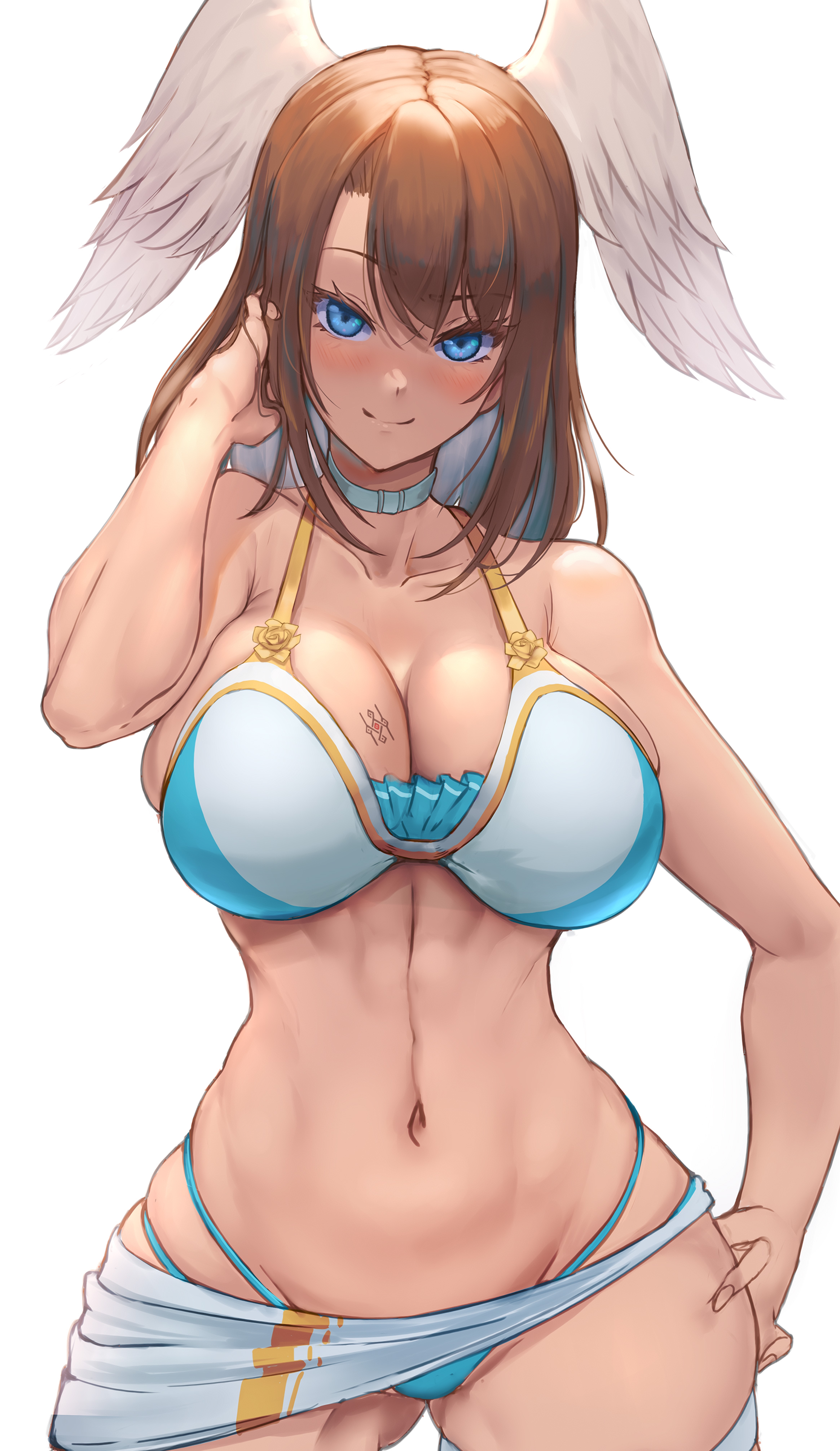 1girls, 2022, alternate costume, arm behind head, arm up, big breasts, bikini, blonde hair, blue eyes, breast tattoo, breasts, busty, child bearing hips, cleavage, confident, eunie (xenoblade), female, female only, hand on hip, head wings, hi res, hips, huge breasts, light skin, light-skinned female, long hair, looking at viewer, medium hair, model pose, navel, nintendo, official alternate costume, pose, posing, sarong, seductive, seductive smile, sensual, slim waist, smile, swimsuit, thick thighs, thighs, thong bikini, togin, voluptuous, white bikini, wide hips, xenoblade (series), xenoblade chronicles 3