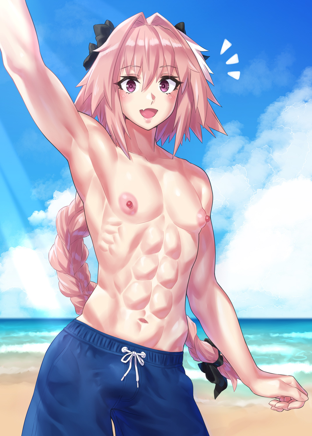 1boy, 2022, abs, ambush (trap), arm up, armpits, astolfo (fate), beach, bow, braid, bulge, cloud, eyebrows visible through hair, fangs, fate (series), fate/apocrypha, fate/grand order, femboy, hair between eyes, hair ribbon, happy, highlights, highres, long hair, long ponytail, looking at viewer, male, male only, matching hair/eyes, mizuumi (bb), muscles, muscular, muscular femboy, muscular male, navel, nipples, ocean, open mouth, outdoors, pink eyes, pink hair, ponytail, puffy nipples, ribbon, sand, single braid, sky, smile, solo, sunlight, swim trunks, swimwear, tied hair, tongue, topless, very long hair, water, waving, white highlights