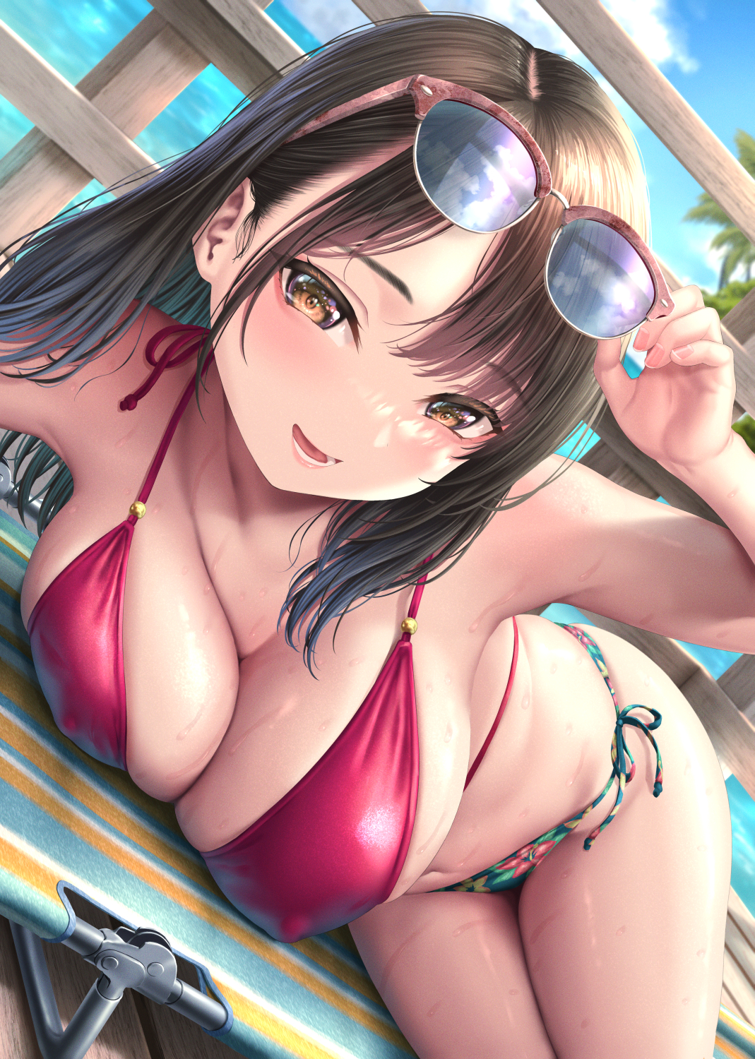 1girls, 2022, bikini, blush, breasts, brown eyes, brown hair, dksha, erect nipples, erect nipples under clothes, female, female only, hips, huge breasts, kase daiki, light skin, light-skinned female, long hair, looking at viewer, lying on side, nipples, original, original character, outdoors, slim waist, smile, sunglasses, sunglasses on head, thick thighs, thighs, wide hips