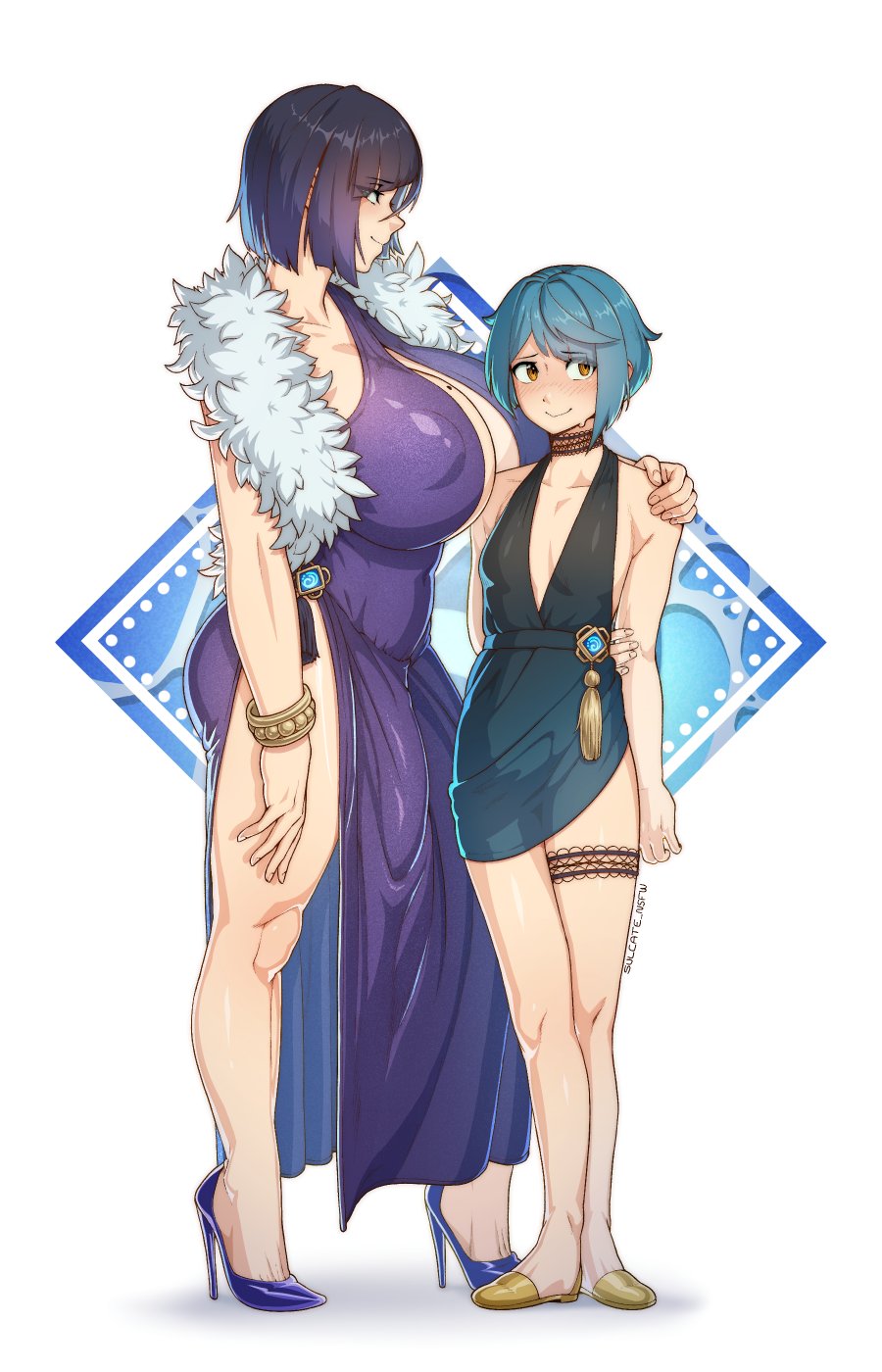 1boy 1futa 2022 aqua_hair arm_around_shoulders big_breasts big_penis black_hair blue_hair blush breasts bulge clothed clothing crossdressing crossdressing_male dress duo embarrassed femboy flaccid full_body fully_clothed futanari genshin_impact green_hair height_difference high_heels hips huge_breasts human imminent_sex light-skinned_futanari light-skinned_male light_skin male penis short_hair size_difference slim_waist standing stiletto_heels sulcate thick_thighs two_tone_hair very_high_heels wide_hips xingqiu_(genshin_impact) yelan_(genshin_impact)