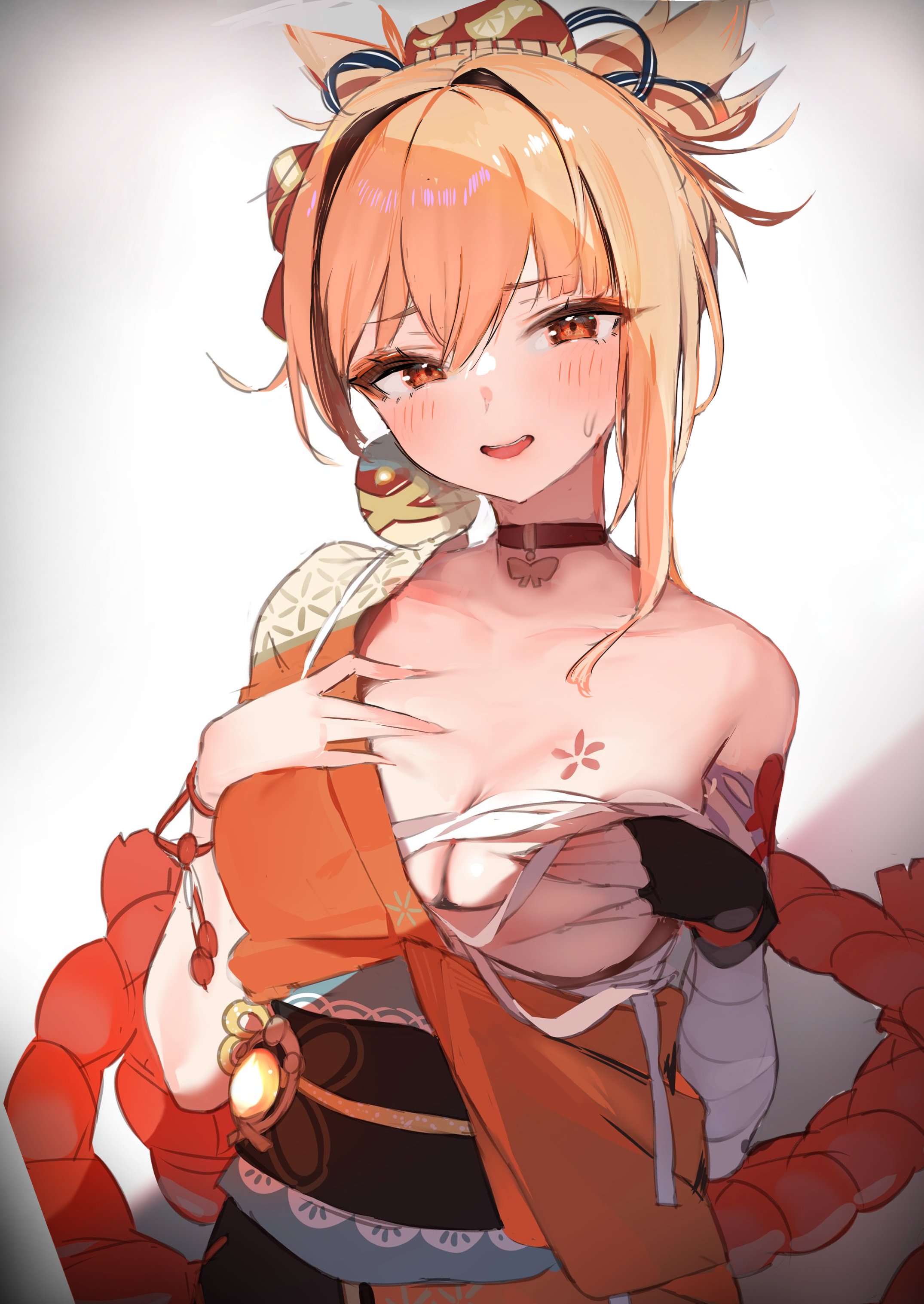 1girls, bare shoulders, big breasts, blonde female, blonde hair, blush, blushing, breasts, busty, eyebrows visible through hair, female, female only, genshin impact, hand on breast, large breasts, light skin, light-skinned female, mouth open, orange eyes, pomesaurus (pomesubrus), solo, solo female, sweat, tagme, yoimiya (genshin impact)