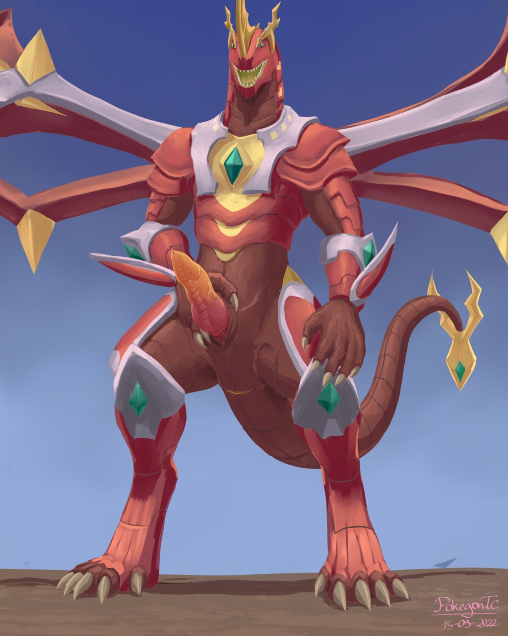 anatomically_correct anatomically_correct_anus animal_genitalia anthro anus bakugan clawed_fingers claws dragon dragonoid_(bakugan) genital_slit genitals hi_res horn knot looking_at_viewer male male_only multicolored_body penis pinup pose presenting presenting_penis red_body reptile ridged_penis scales scalie slit solo spread_slit spreading t-ace_juice toe_claws vein veiny_penis