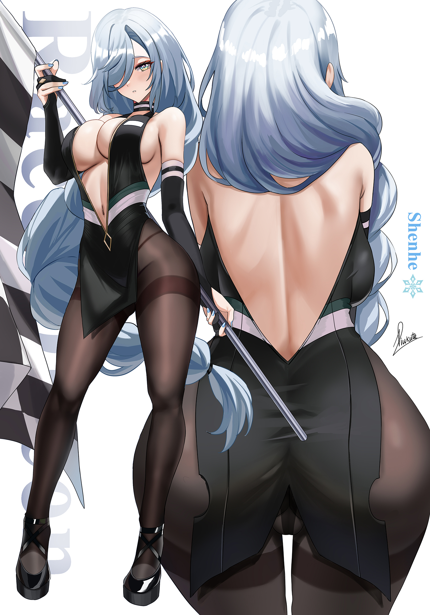 1girls, ass, big ass, big breasts, breasts, embarrassed, female, female focus, female only, genshin impact, light skin, light-skinned female, long hair, looking at viewer, looking back, multiple views, pantyhose, piukute062, race queen, shenhe (genshin impact), thick thighs, thighs, white body, white hair, white skin