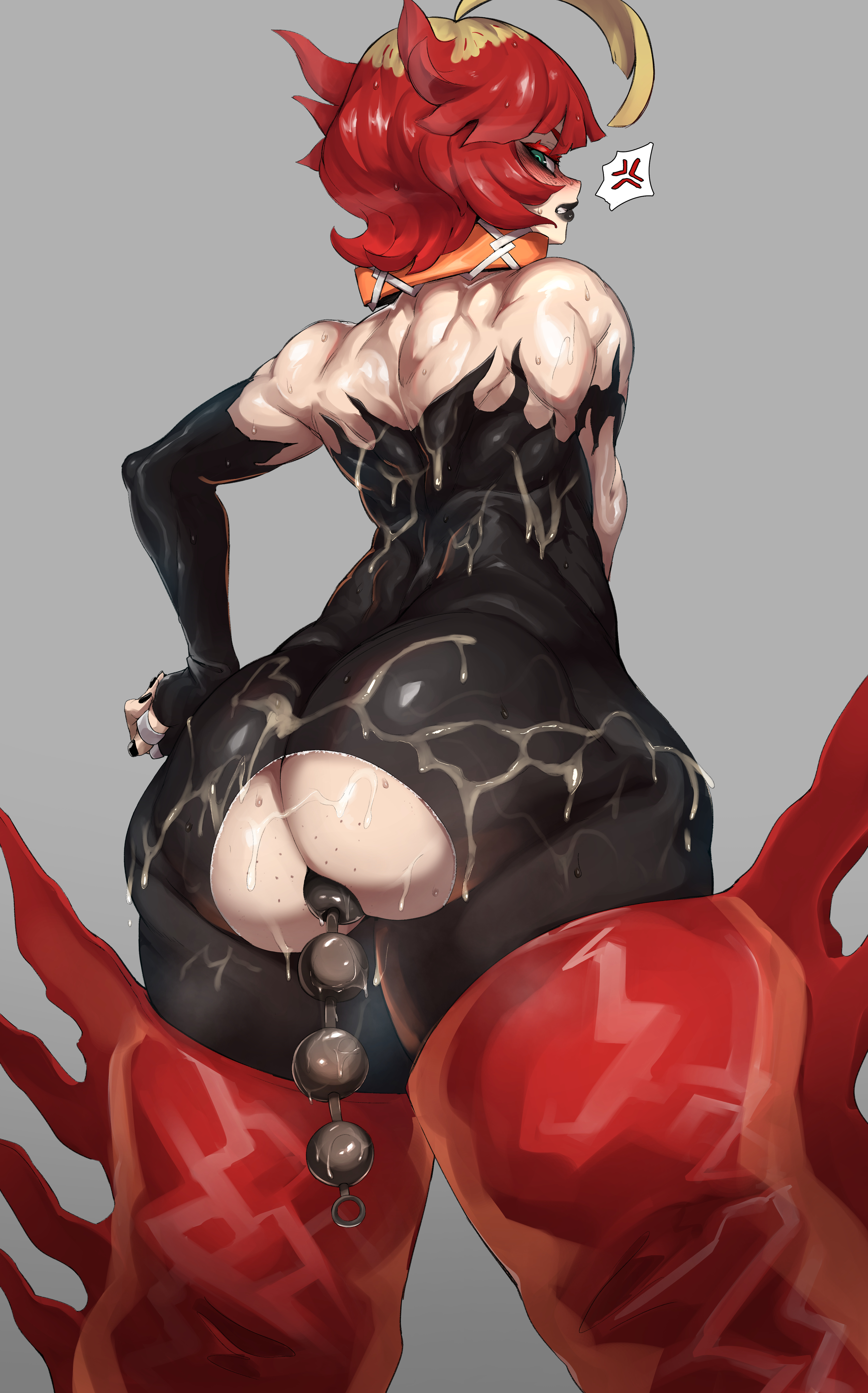 1girls, absurd res, anal beads, anal insertion, armwear, ass, ass focus, big ass, big butt, black lipstick, blonde hair, blue eyes, boots, clothed, clothes, cum, cum on ass, eye contact, female, female only, game freak, grey background, hand on hip, high resolution, lipstick, looking at viewer, looking back, mela (pokemon), nintendo, nuezou, pokemon, pokemon (game), pokemon sv, red hair, ripped clothing, short hair, simple background, skin tight, standing, team star, thick thighs, thighs, tight clothing, tight pants, two-tone hair, very high resolution