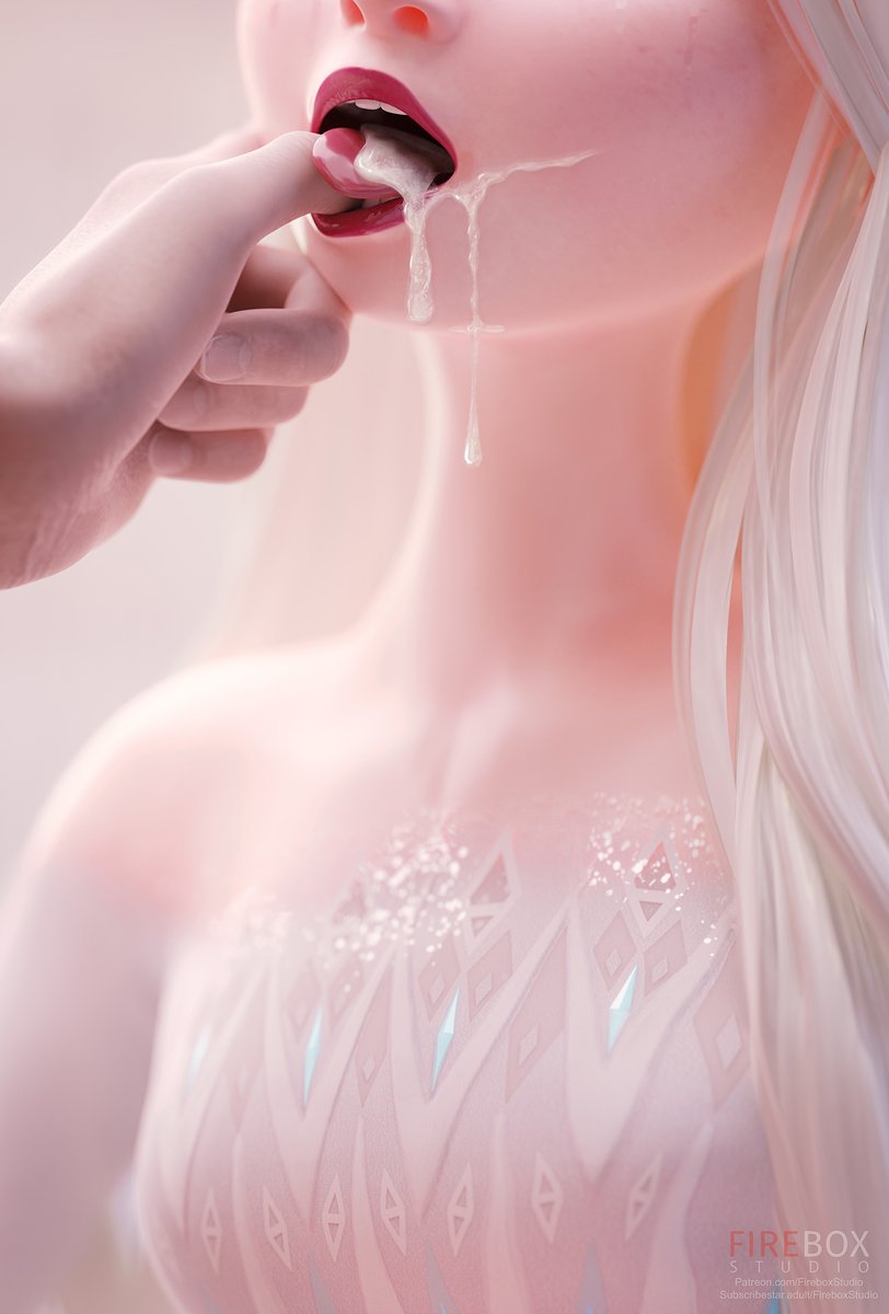 1boy, 1girls, 3d, blender, blonde hair, breasts, close-up, clothed, clothing, cum, cum drip, cum in mouth, cum on tongue, cum string, disney, duo, elsa (frozen), female, finger in mouth, fireboxstudio, frozen (film), hand in mouth, light skin, light-skinned female, male, mouth open, mouth play, small breasts, unseen male face, watermark, white hair