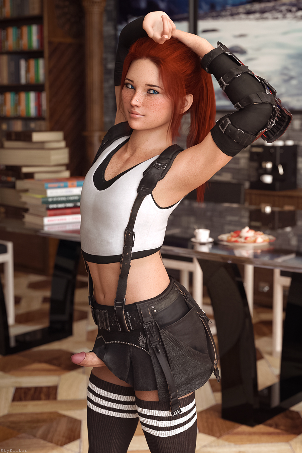 1boy, 1femboy, 3d, 3d (artwork), artist name, blue eyes, cowgirl position, crop top, crossdressing, cute male, erect penis, erection, femboy, femboy only, feminine male, final fantasy, final fantasy vii, freckles, ginger, girly, human, jessie (skykliker), light skin, light-skinned male, male, male only, nose piercing, original, original character, penis, penis under skirt, piercing, red hair, skirt, skykliker, solo, stockings, suspenders, thigh socks, tifa lockhart (cosplay), trap