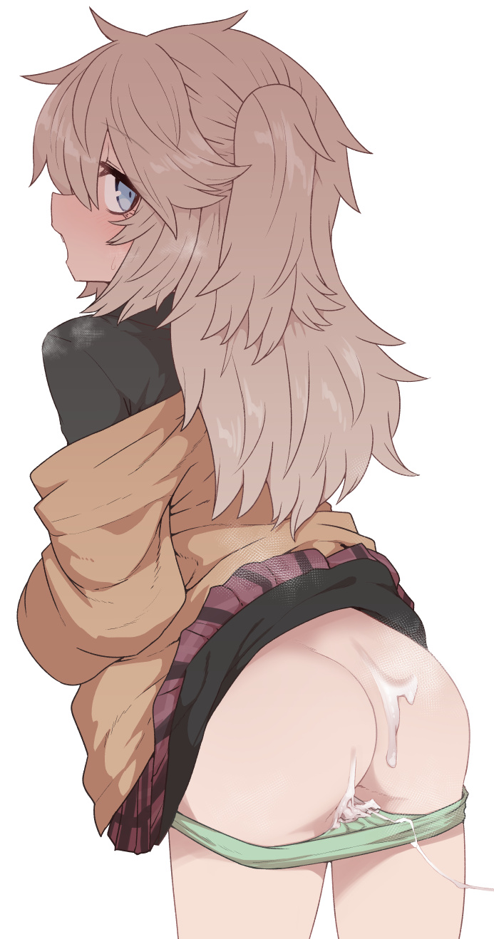 after_sex ass black_skirt blue_eyes brown_hair brown_jacket clothes_lift cowboy_shot cum cum_in_clothes cum_in_panties cum_on_ass cum_string female from_behind green_panties highres jacket kasukabe_tsumugi long_hair looking_at_viewer looking_back off_shoulder panties panty_pull simple_background skirt skirt_lift solo sumiyao_(amam) underwear voicevox white_background