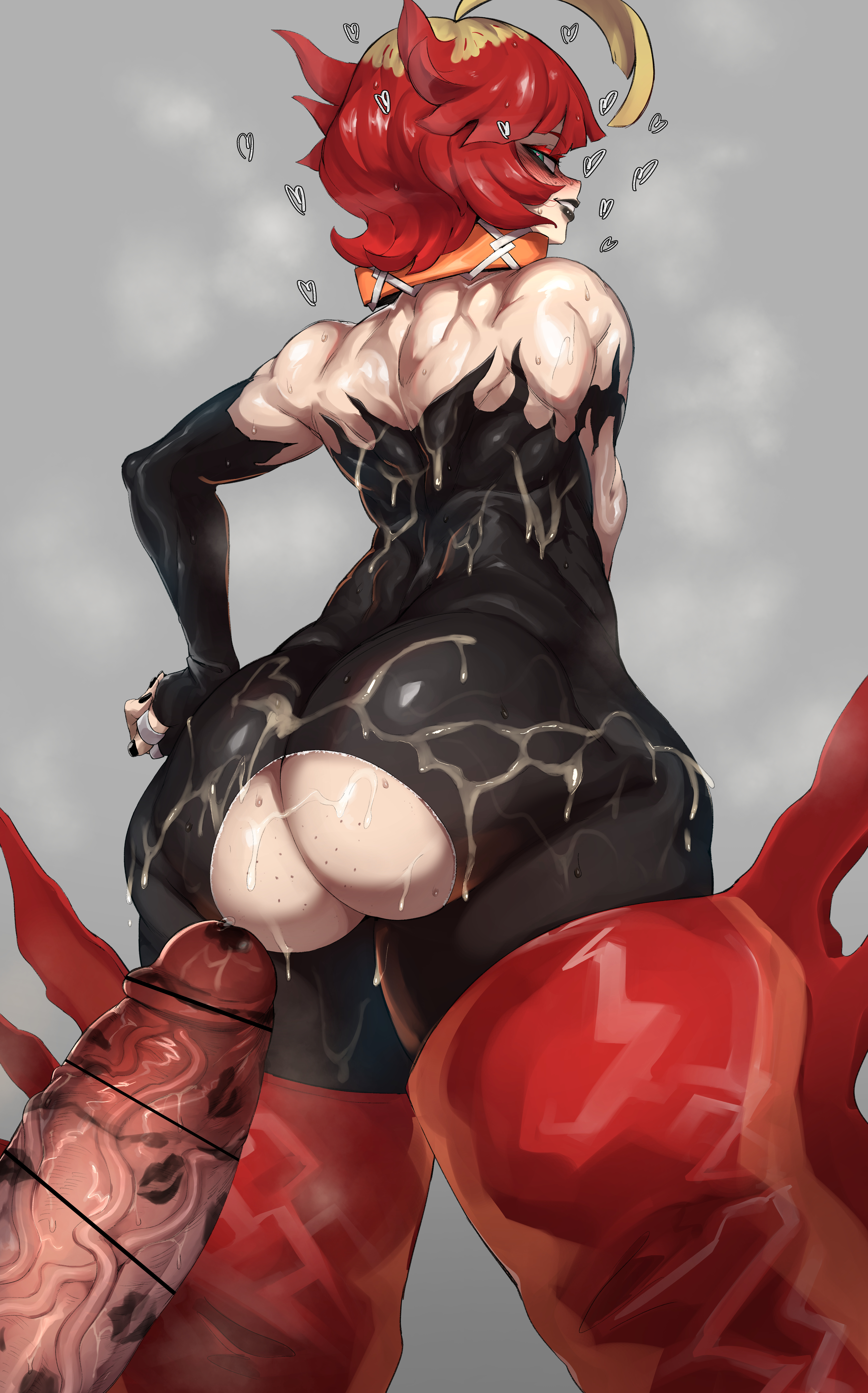 1boy, 1girls, absurd res, armwear, ass, ass focus, bar censor, big ass, big butt, black lipstick, blonde hair, blue eyes, boots, censor bar, censored, clothed, clothes, eye contact, female, game freak, grey background, hand on hip, high resolution, huge cock, lipstick, lipstick on penis, looking at viewer, looking back, male, mela (pokemon), nintendo, nuezou, penis, pokemon, pokemon (game), pokemon sv, red hair, ripped clothing, short hair, simple background, skin tight, standing, team star, thick thighs, thighs, tight clothing, tight pants, two-tone hair, veiny penis, very high resolution