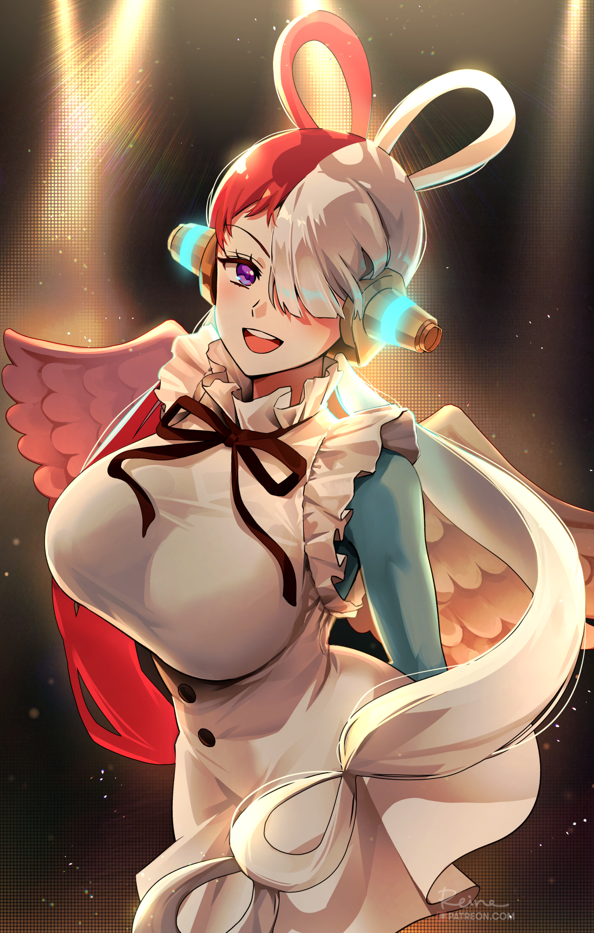 1girls, 2022, breasts, clothed, clothed female, female, female only, foxy rain (foxyreine), foxyrain (foxyreine), foxyreine, hi res, hips, huge breasts, large breasts, light skin, light-skinned female, long hair, looking at viewer, one piece, one piece film red, purple eyes, red hair, red-haired female, slim waist, smile, thick thighs, thighs, two-tone hair, uta (one piece), white hair, white-haired female, wide hips