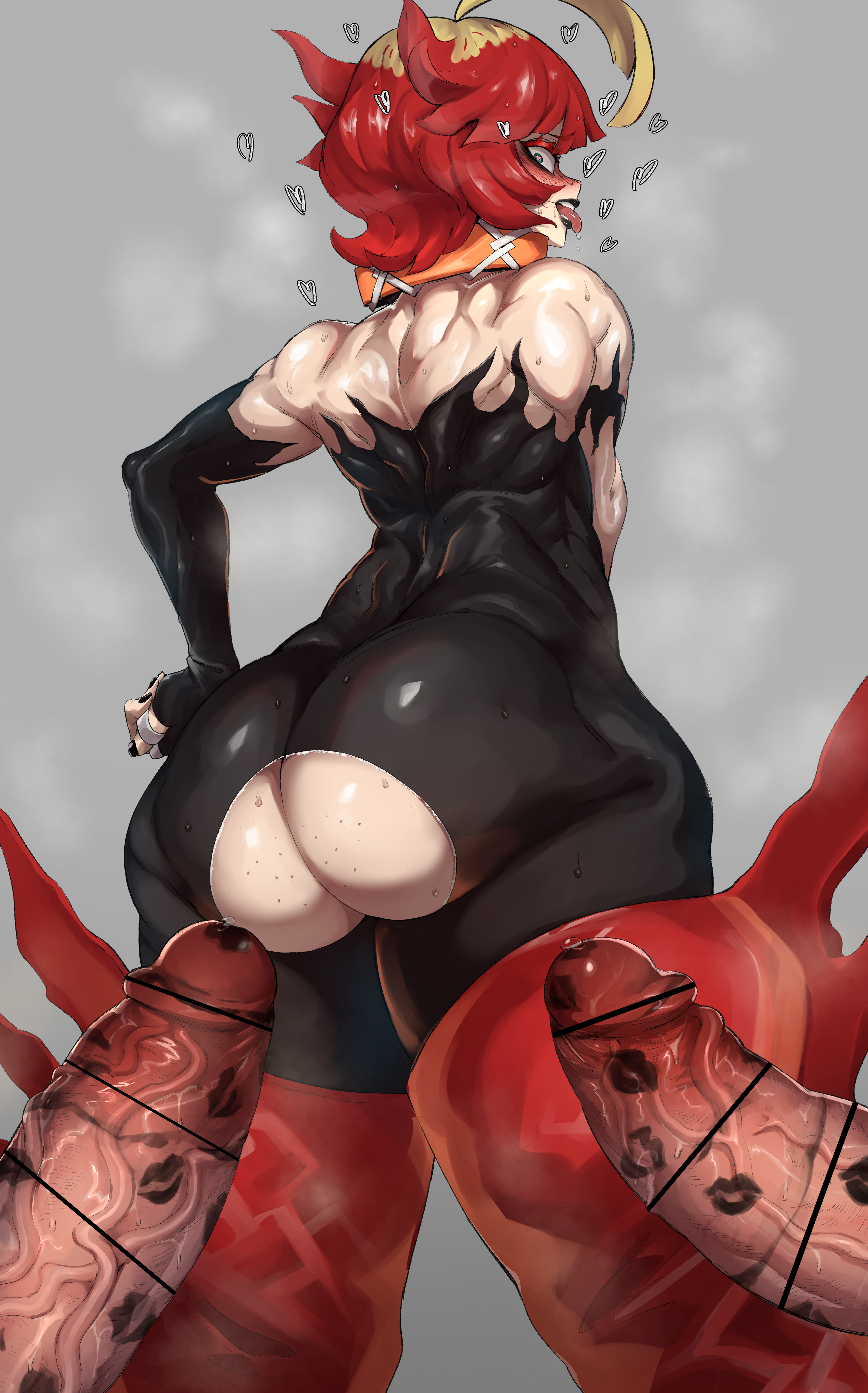1girls, 2boys, absurd res, armwear, ass, ass focus, bar censor, big ass, big butt, black lipstick, blonde hair, blue eyes, boots, censor bar, censored, clothed, clothes, eye contact, female, game freak, grey background, hand on hip, high resolution, huge cock, lipstick, lipstick on penis, looking at viewer, looking back, male, mela (pokemon), nintendo, nuezou, penis, pokemon, pokemon (game), pokemon sv, red hair, ripped clothing, short hair, simple background, skin tight, standing, team star, thick thighs, thighs, tight clothing, tight pants, two-tone hair, veiny penis, very high resolution