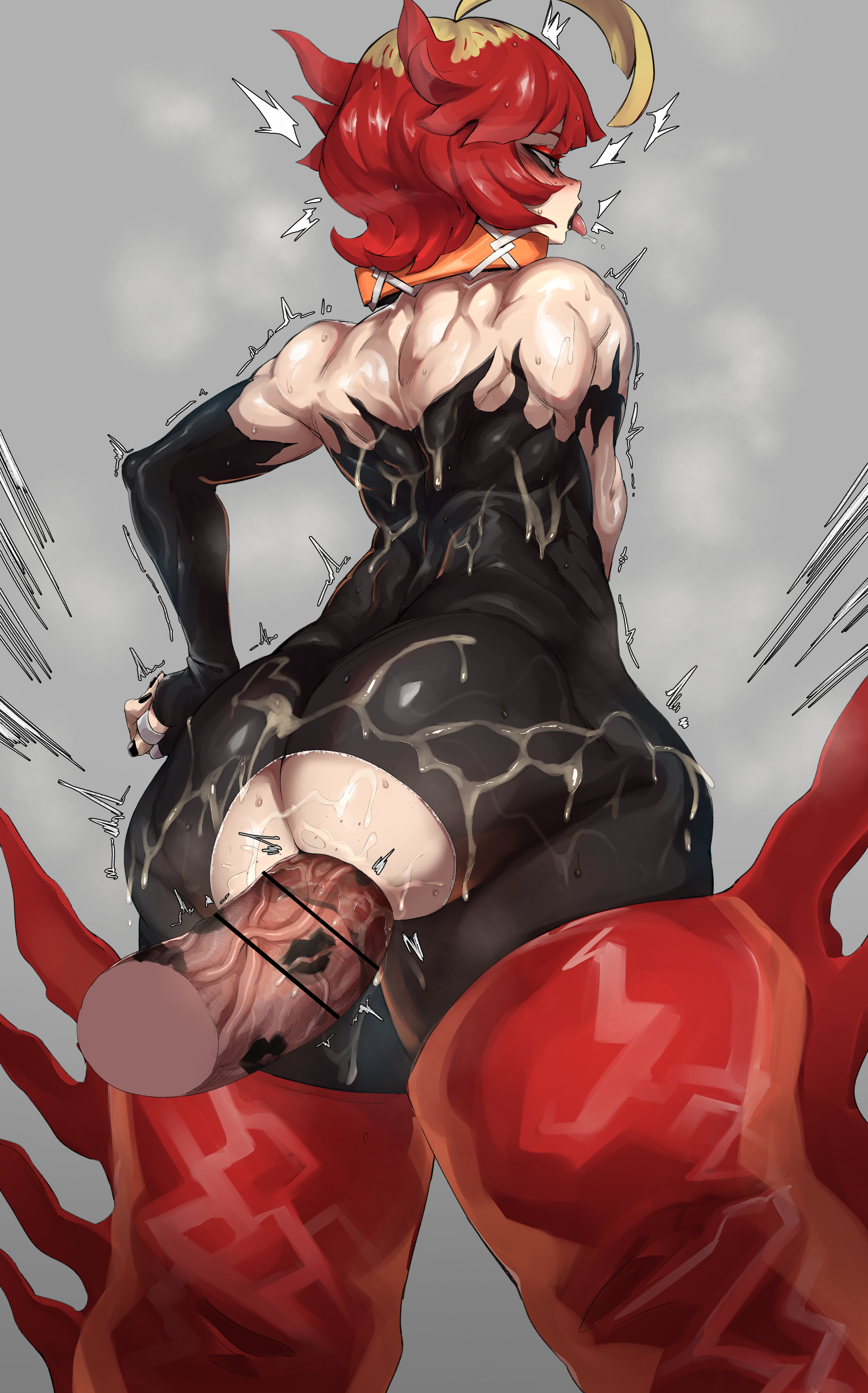 1boy, 1girls, absurd res, anal, anal sex, armwear, ass, ass focus, bar censor, big ass, big butt, black lipstick, blonde hair, blue eyes, boots, censor bar, censored, clothed, clothes, eye contact, female, game freak, grey background, hand on hip, high resolution, huge cock, lipstick, lipstick on penis, looking at viewer, looking back, male, mela (pokemon), nintendo, nuezou, penis, pokemon, pokemon (game), pokemon sv, red hair, ripped clothing, short hair, simple background, skin tight, standing, team star, thick thighs, thighs, tight clothing, tight pants, two-tone hair, veiny penis, very high resolution