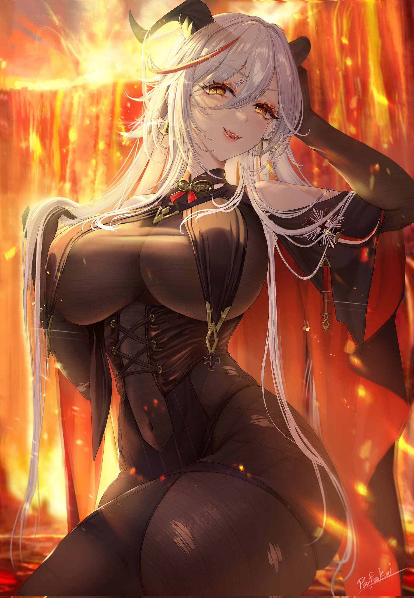 1girls, 2022, aegir (azur lane), azur lane, big breasts, breast curtains, breasts, bulging breasts, curvaceous, curvy figure, demon horns, female, highres, latex suit, long hair, looking at viewer, pafekui, seductive eyes, seductive look, silver hair, skin tight, tagme, voluptuous female