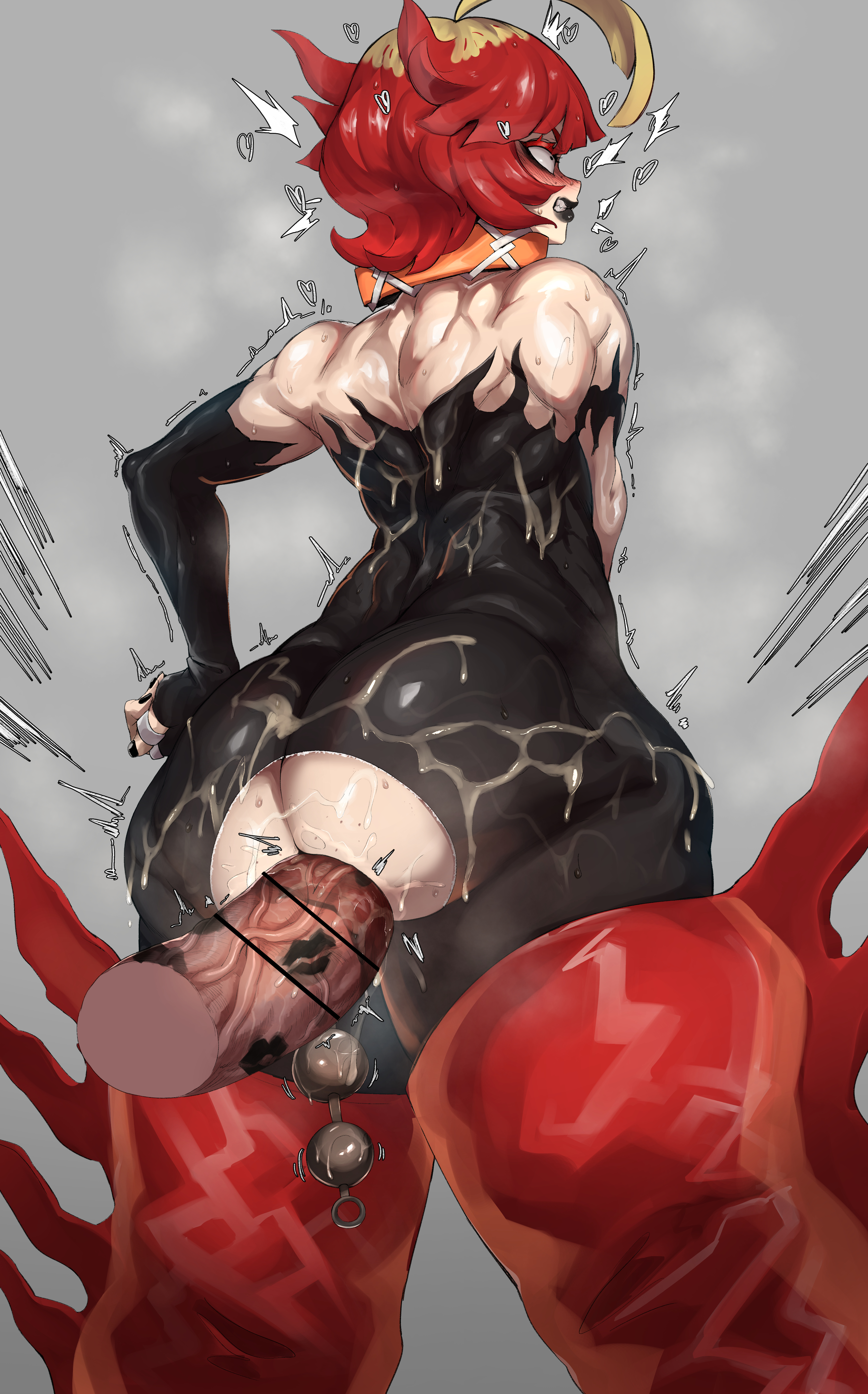 1boy, 1girls, absurd res, anal, anal beads, anal insertion, anal sex, armwear, ass, ass focus, bar censor, big ass, big butt, black lipstick, blonde hair, blue eyes, boots, censor bar, censored, clothed, clothes, eye contact, female, forced in by cock, game freak, grey background, hand on hip, high resolution, huge cock, lipstick, lipstick on penis, looking at viewer, looking back, male, mela (pokemon), nintendo, nuezou, penis, pokemon, pokemon (game), pokemon sv, red hair, ripped clothing, short hair, simple background, skin tight, standing, team star, thick thighs, thighs, tight clothing, tight pants, two-tone hair, veiny penis, very high resolution