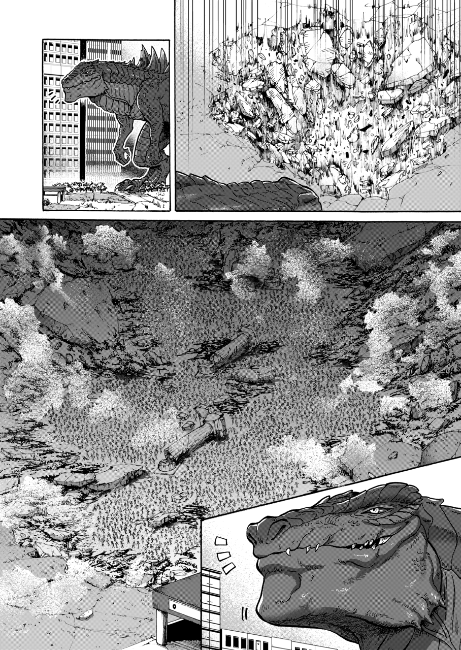 2022 ambiguous_gender barefoot blood blood_on_ground blood_pool bodily_fluids comic crowd death destruction feet godzilla_(series) greyscale group hi_res high-angle_view human macro mammal mass_death monochrome pillars tatugon toho zilla