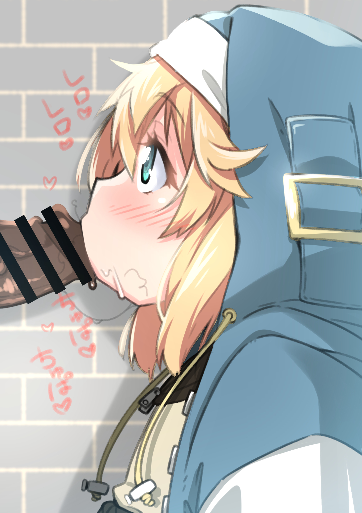 2boys, blonde hair, blowjob, blue eyes, blush, bridget, censor bar, censored, dark skin, dark-skinned male, fellatio, femboy, fully clothed, guilty gear, guilty gear strive, hoodie, light skin, long hair, male, male only, male/male, oral, oral sex, otoko no ko, penis, pubic hair, pubic hair peek, stray pubic hair, toudori, upper body, yaoi