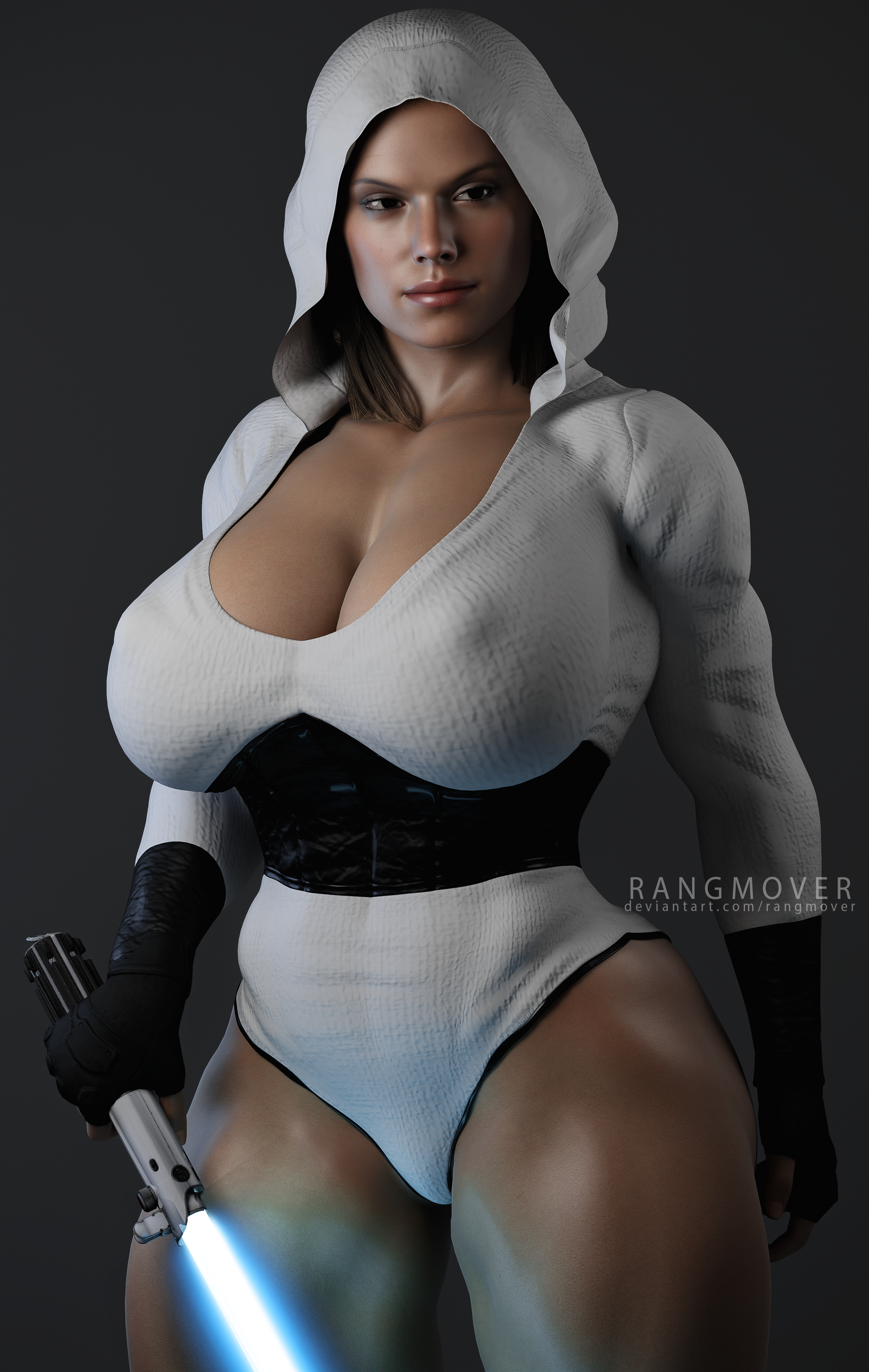 3d, 3d (artwork), abs, ass, athletic, athletic female, big ass, big breasts, big butt, blue lightsaber, breasts, bubble butt, busty, curvy, daisy ridley, female, hood, hourglass figure, huge ass, huge breasts, large ass, large breasts, lightsaber, muscular, muscular female, pose, posing, rangmover, rey, rey (star wars), seductive, seductive look, star wars, thick, thick ass, thick thighs, wide hips