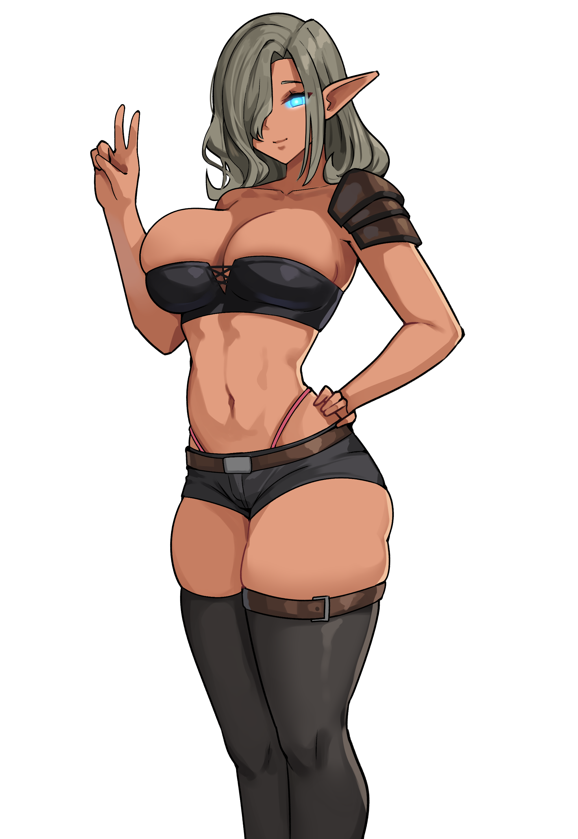cromwellb, eleamor, high elf, looking at viewer, pointy ears, thighhighs, v sign, world of warcraft